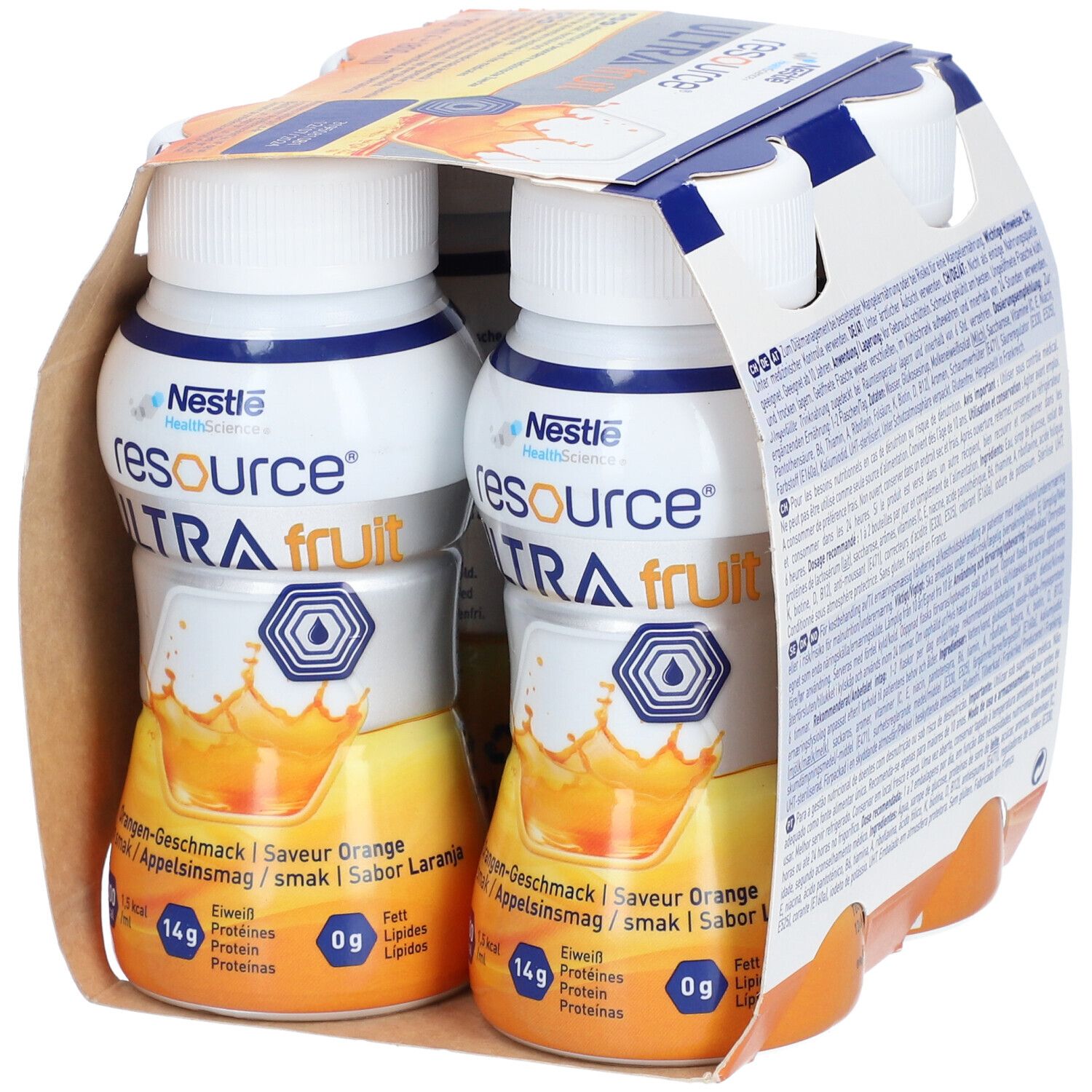 Emballage de deux bouteilles. Inscription: resource ULTRA fruit. Goût orange. Logo Nestle HealthScience.