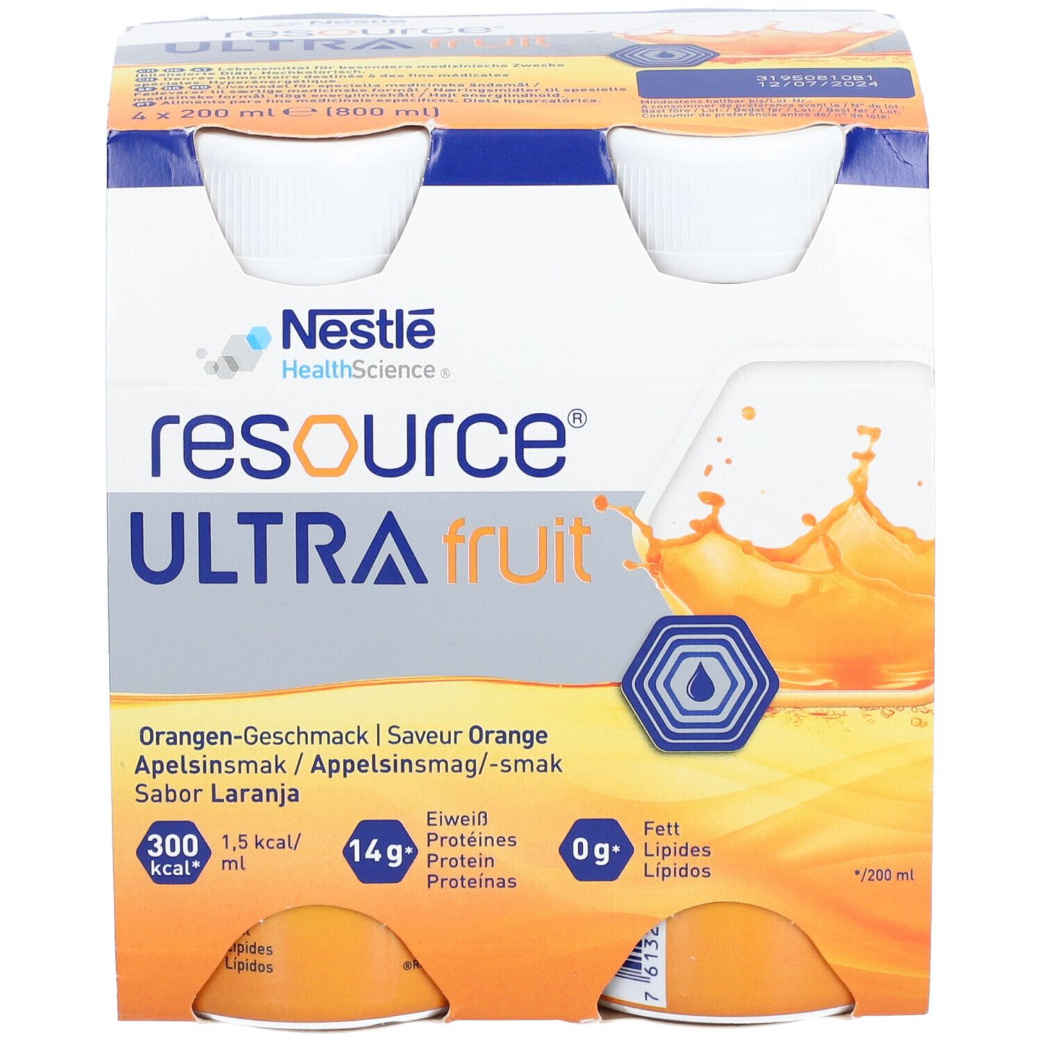 Emballage de six bouteilles. Inscription: resource ULTRA fruit. Goût orange. Logo Nestle HealthScience.