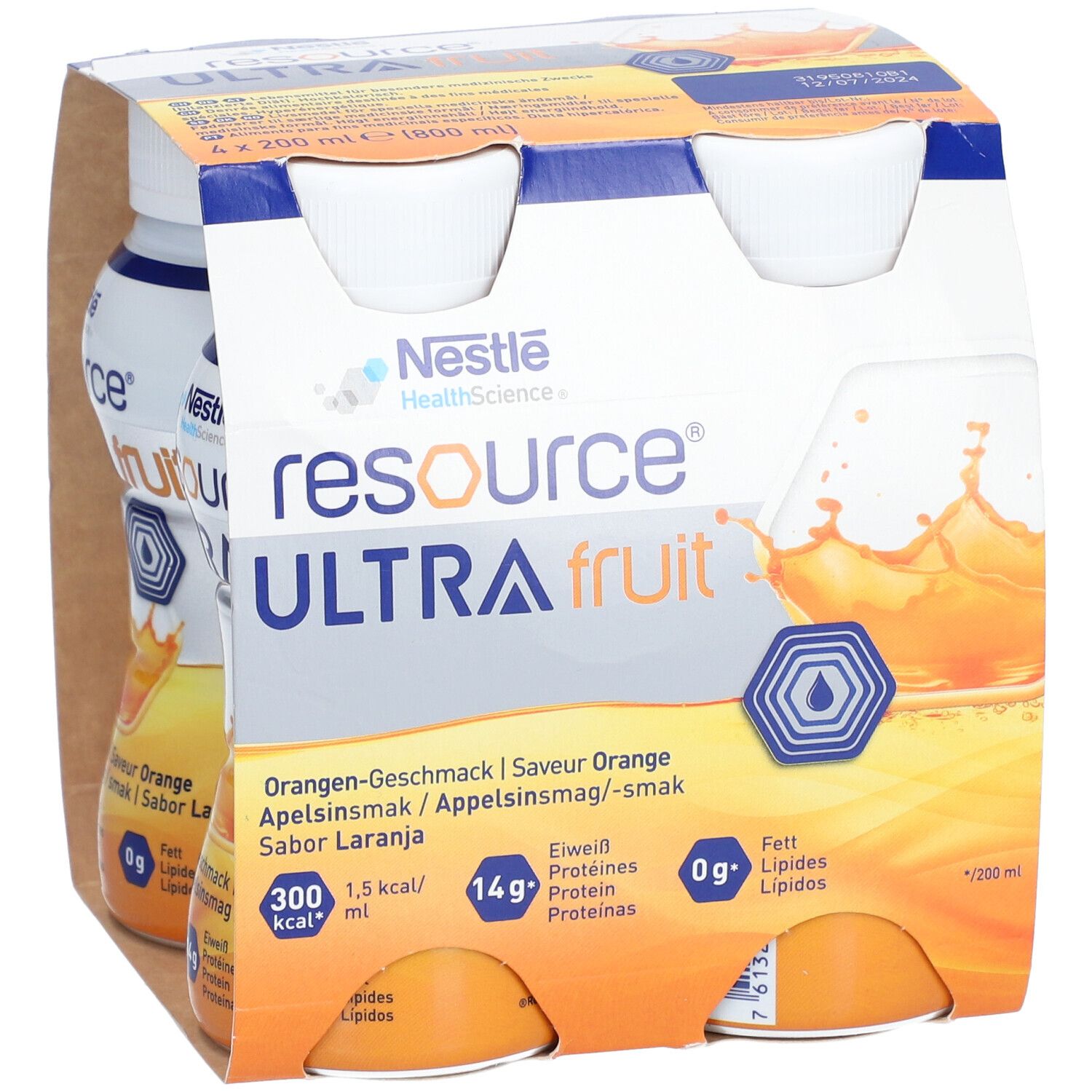 Emballage de quatre bouteilles. Inscription: resource ULTRA fruit. Goût orange. Logo Nestle HealthScience.