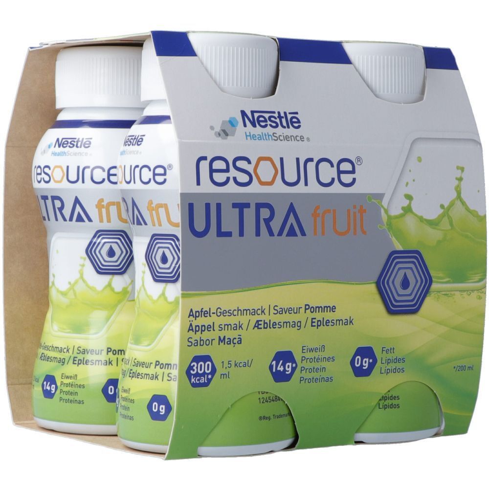 Packung mit vier Flaschen RESOURCE® ULTRA fruit Apfel. Aufdrucke: Nestle Health Science, Apfel-Geschmack, 14g Protein, 0g Fett.