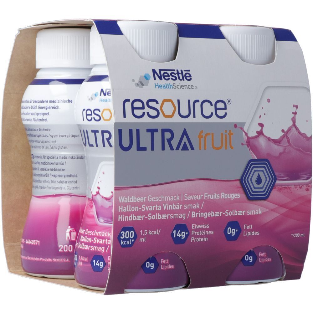 Packung mit RESOURCE ULTRA fruit Waldbeere. Flaschen mit weißem Deckel und rosa Flüssigkeit. Nestle Health Science Logo.