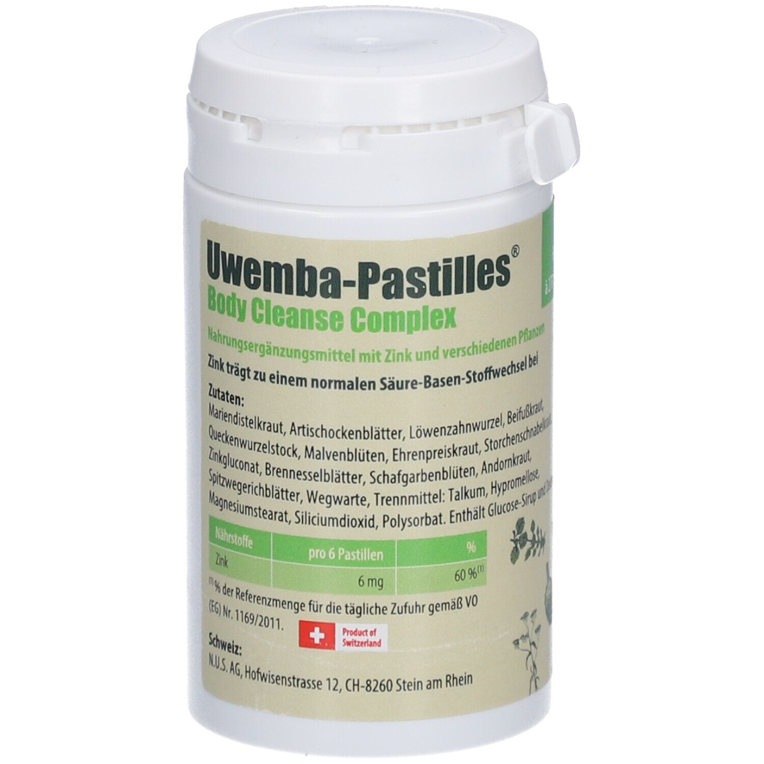 Weiße Dose mit grünem Etikett. Produktname: Uwemba-Pastilles Body Cleanse Complex. Enthält Zink. Schweizer Kreuz.