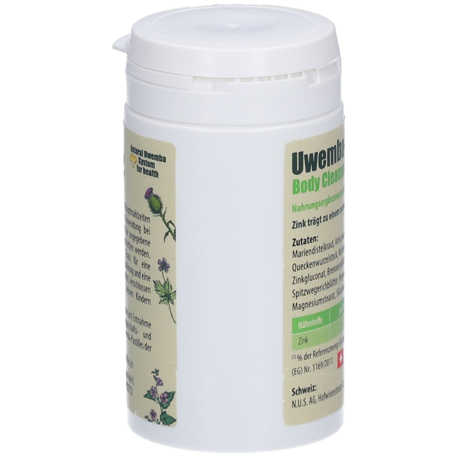 Weiße Dose, Seitenansicht. Produktname: Uwemba-Pastilles Body Cleanse Complex. Mit Pflanzenabbildungen und Text.
