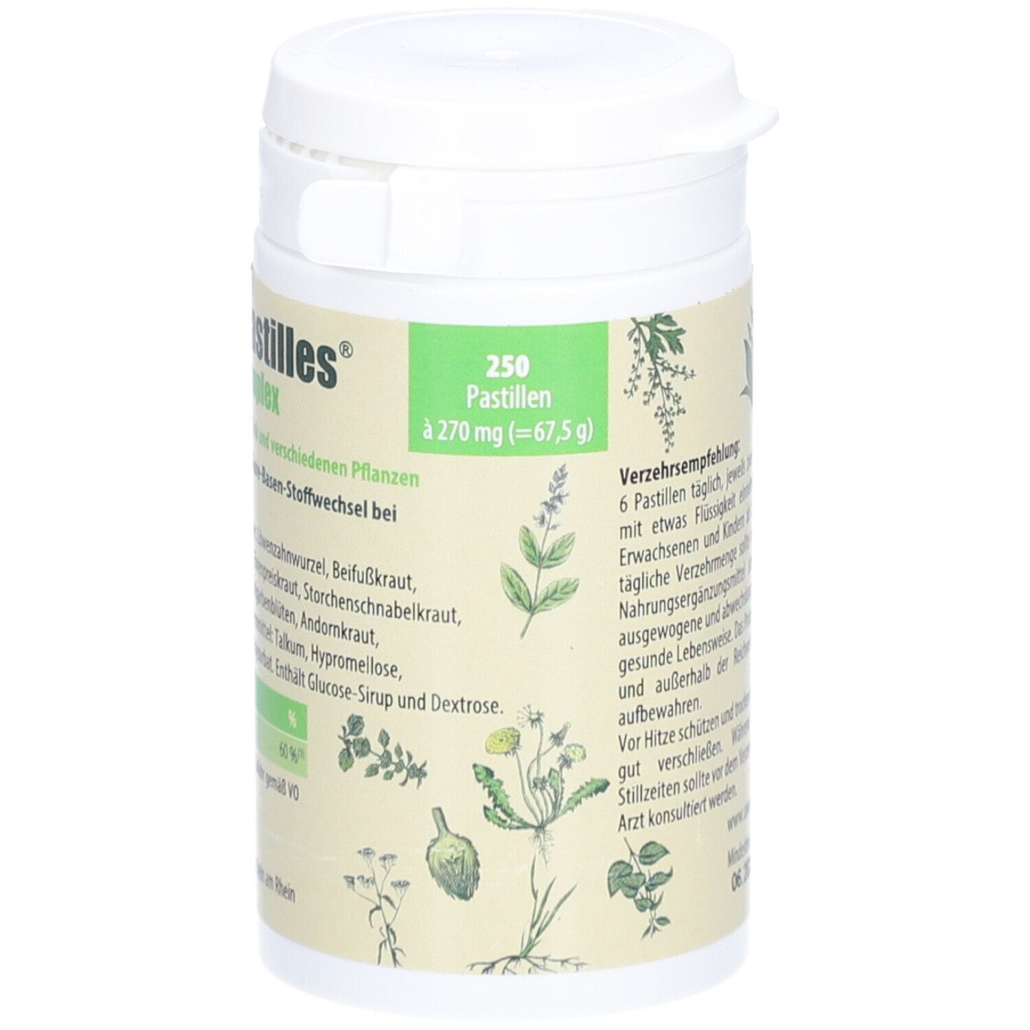 Weiße Dose mit grünem Etikett. Produktname: Uwemba-Pastilles Body Cleanse Complex. 250 Pastillen.