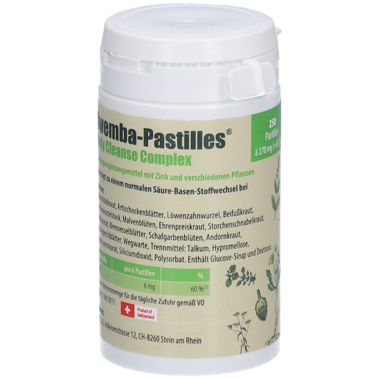 Weiße Dose mit grünem Etikett. Produktname: Uwemba-Pastilles Body Cleanse Complex. Schweizer Kreuz.