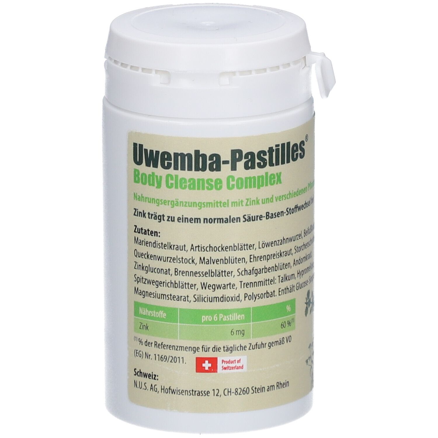 Weiße Dose mit grünem Etikett. Produktname: Uwemba-Pastilles Body Cleanse Complex. Enthält Zink. Schweizer Kreuz.