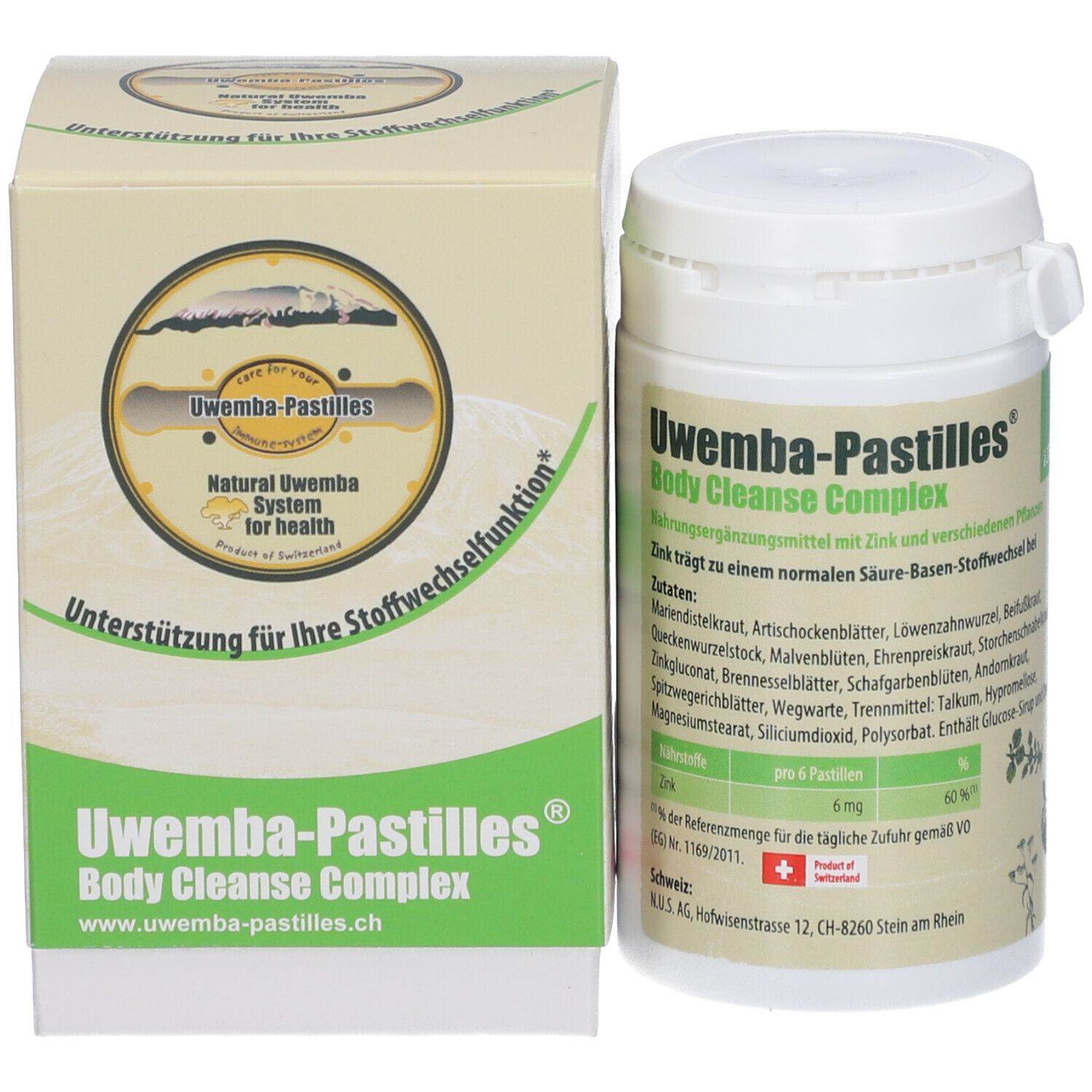 Produktverpackung: Dose und Schachtel. Produktname: Uwemba-Pastilles Body Cleanse Complex. Schweizer Kreuz.