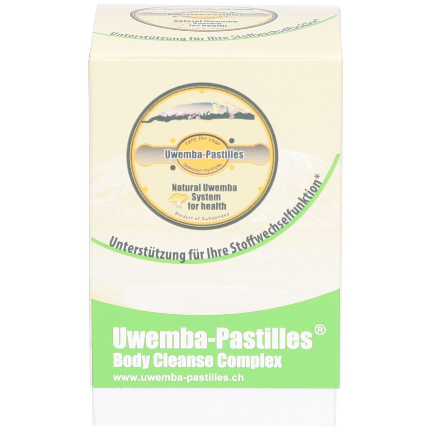 Produktverpackung: Schachtel. Produktname: Uwemba-Pastilles Body Cleanse Complex. Schweizer Kreuz.