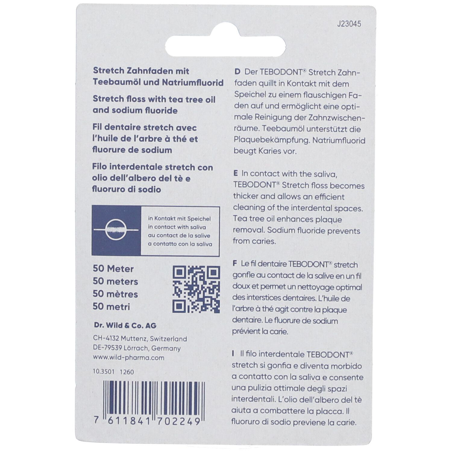 Rückseite der Verpackung mit Produktinformationen. Text in Deutsch, Englisch, Französisch und Italienisch.