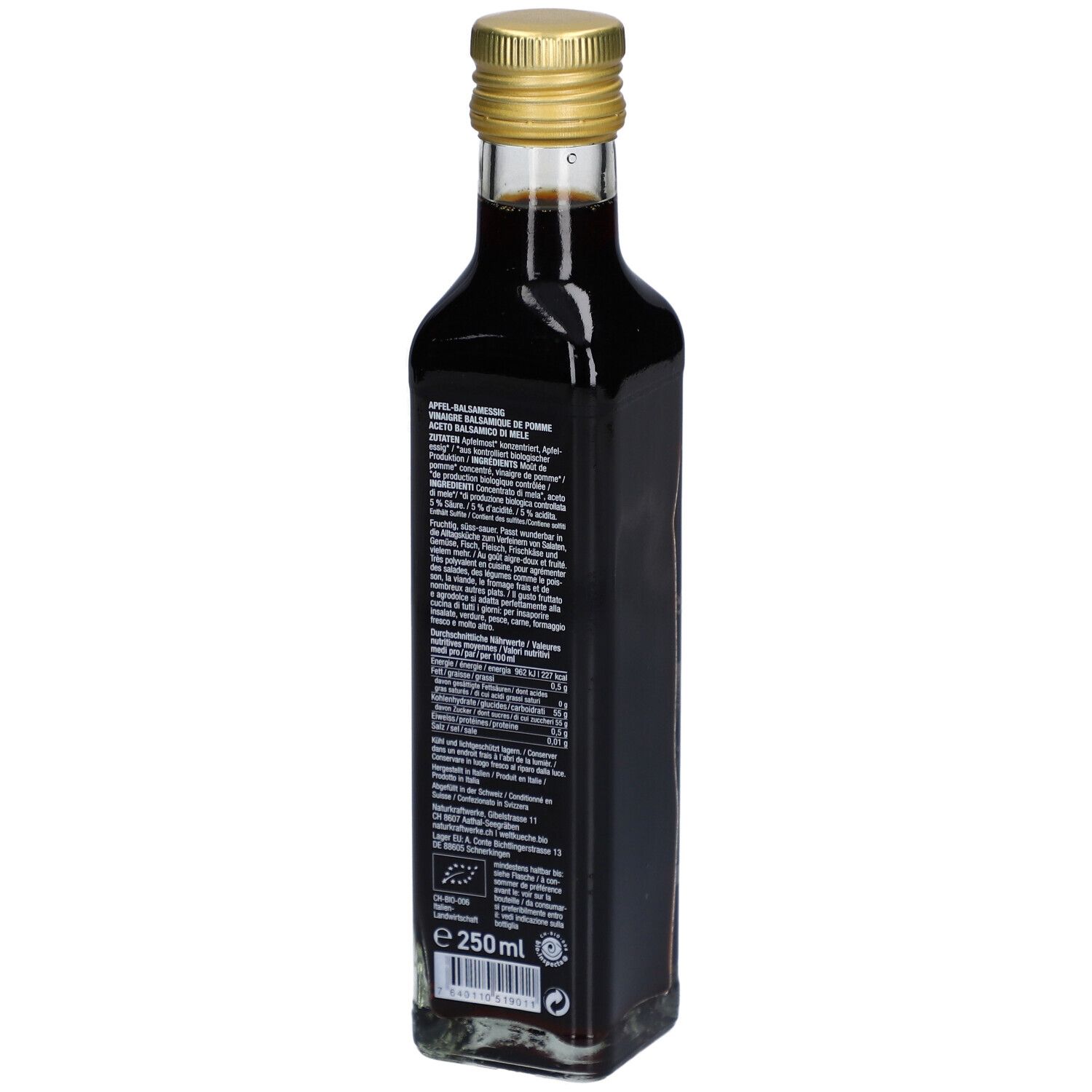 Rückseite der Balsamico-Essig-Flasche. Etikett mit Inhaltsstoffen, Nährwertangaben und Bio-Siegel. 250ml.