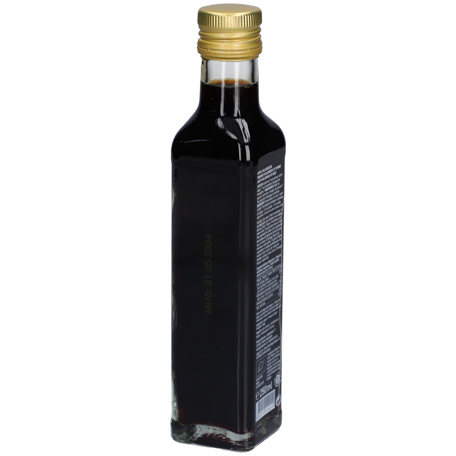 Rückseite der Balsamico-Essig-Flasche. Etikett mit Mindesthaltbarkeitsdatum. Bio-Siegel.