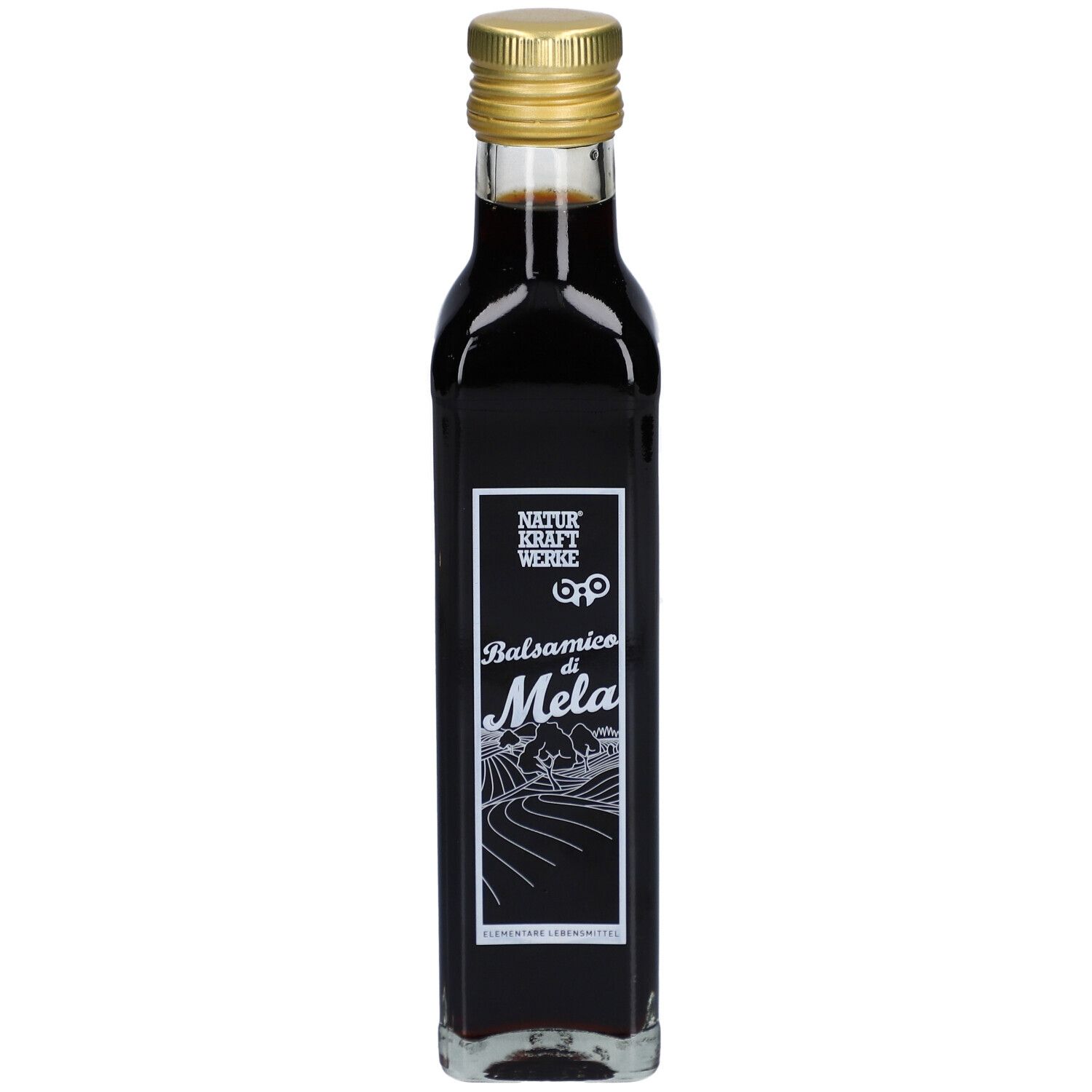 Glasflasche mit Balsamico-Essig. Schwarze Flüssigkeit, goldener Deckel. Etikett mit Schriftzug 'Balsamico di Mela'.