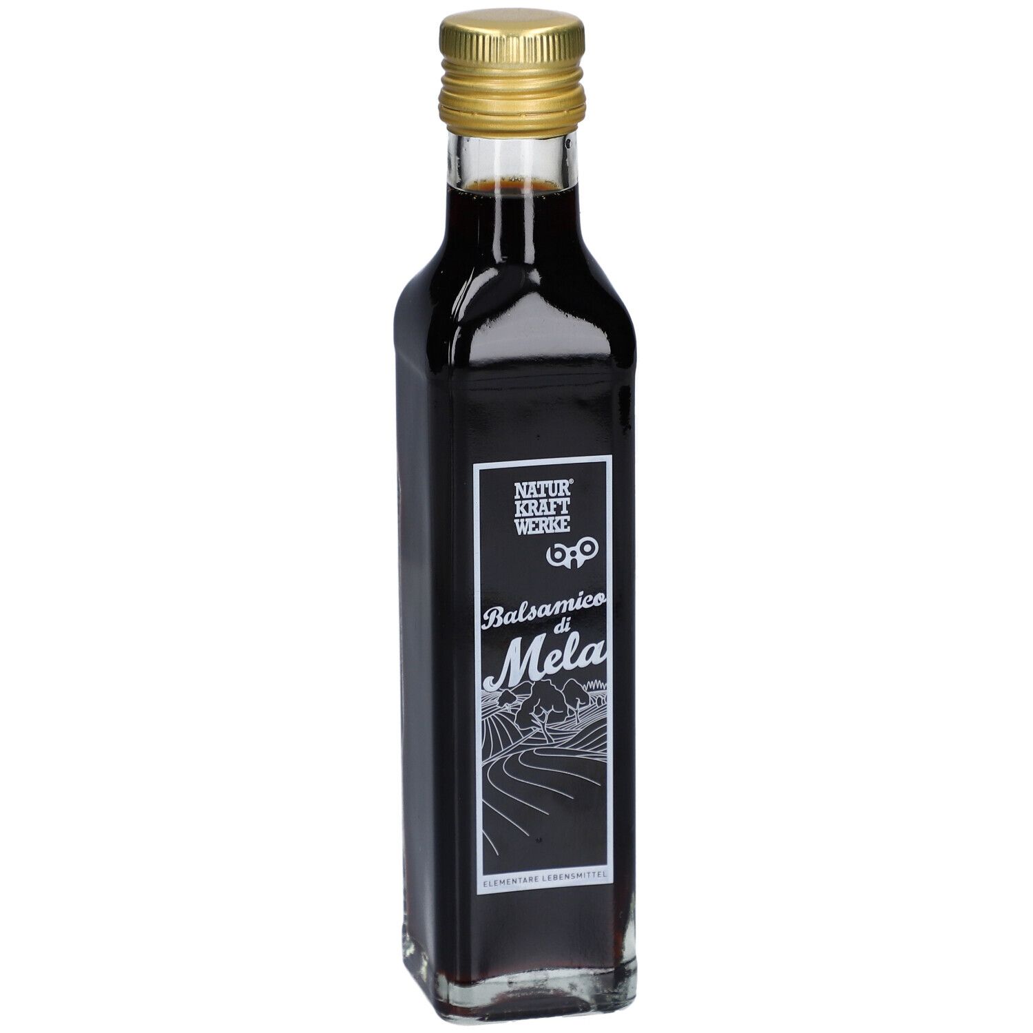 Glasflasche mit Balsamico-Essig. Schwarze Flüssigkeit, goldener Deckel. Etikett mit Schriftzug 'Balsamico di Mela'.