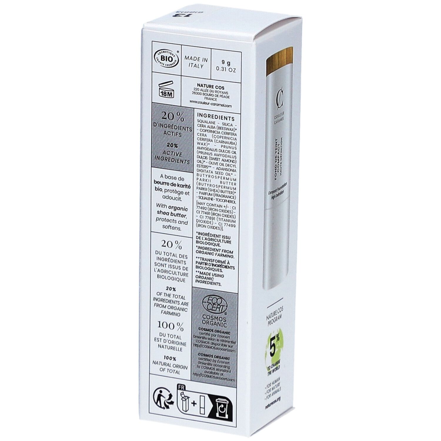 Dos de l'emballage du fond de teint. Texte: 20% ingrédients actifs, 20% ingrédients bio, 100% ingrédients naturels. Certification Bio.