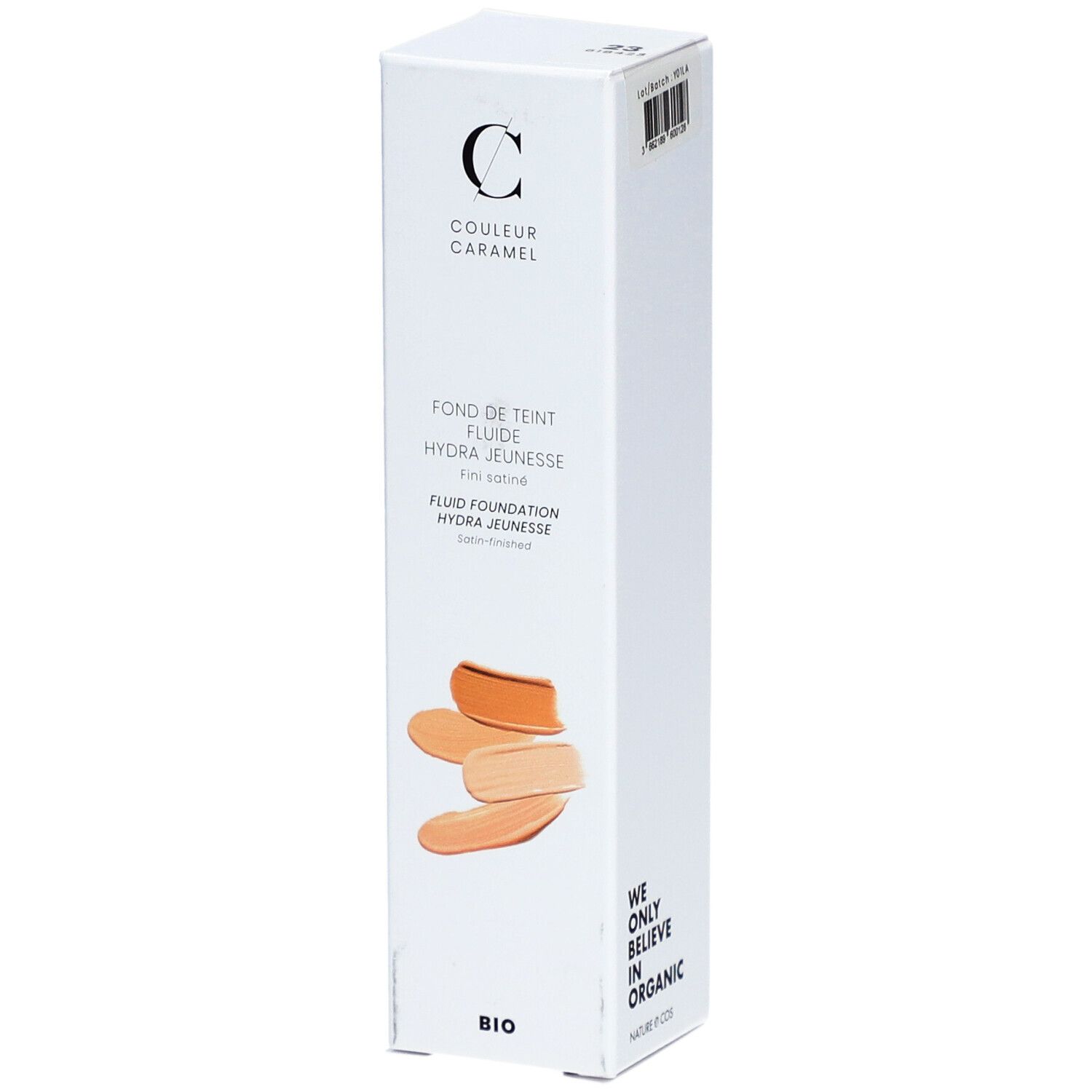 Weiße Verpackung mit Produktname und Farbmuster. "COULEUR CARAMEL" und "FOND DE TEINT FLUIDE HYDRA JEUNESSE".