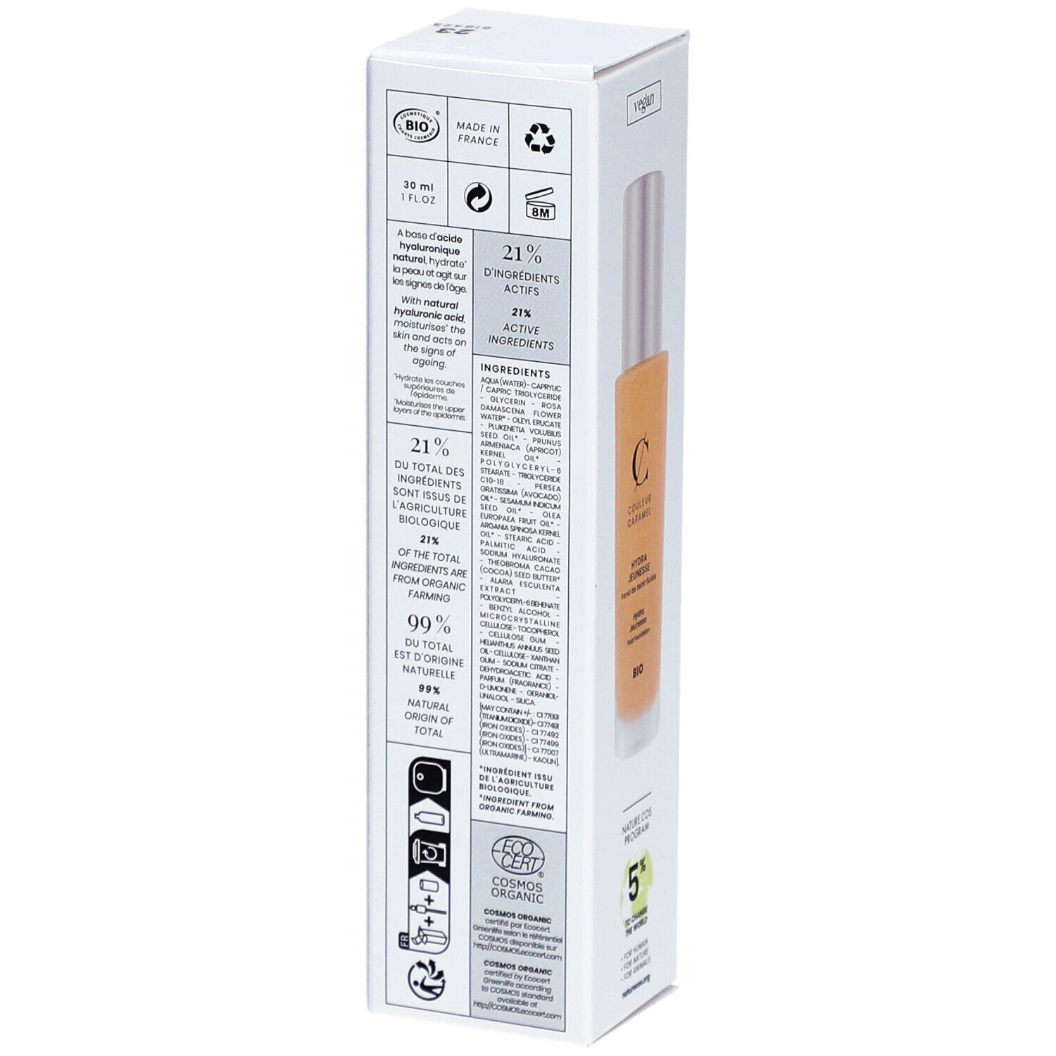 Rückseite der Verpackung mit Produktinformationen. Text, Inhaltsstoffe, Zertifizierungen und Logos. Vegan-Logo.