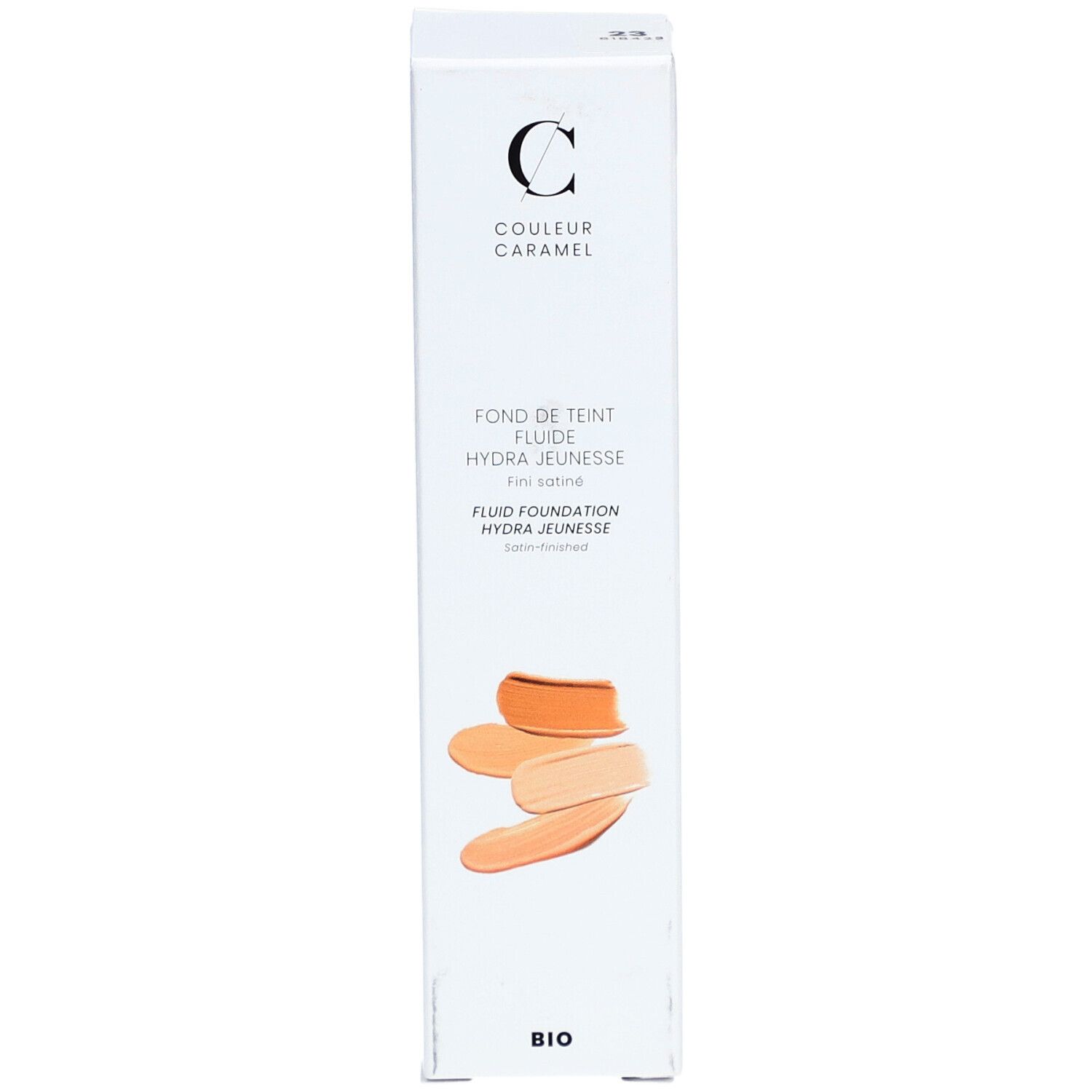 Weiße Verpackung mit Produktname und Farbmuster. "COULEUR CARAMEL" und "FOND DE TEINT FLUIDE HYDRA JEUNESSE".