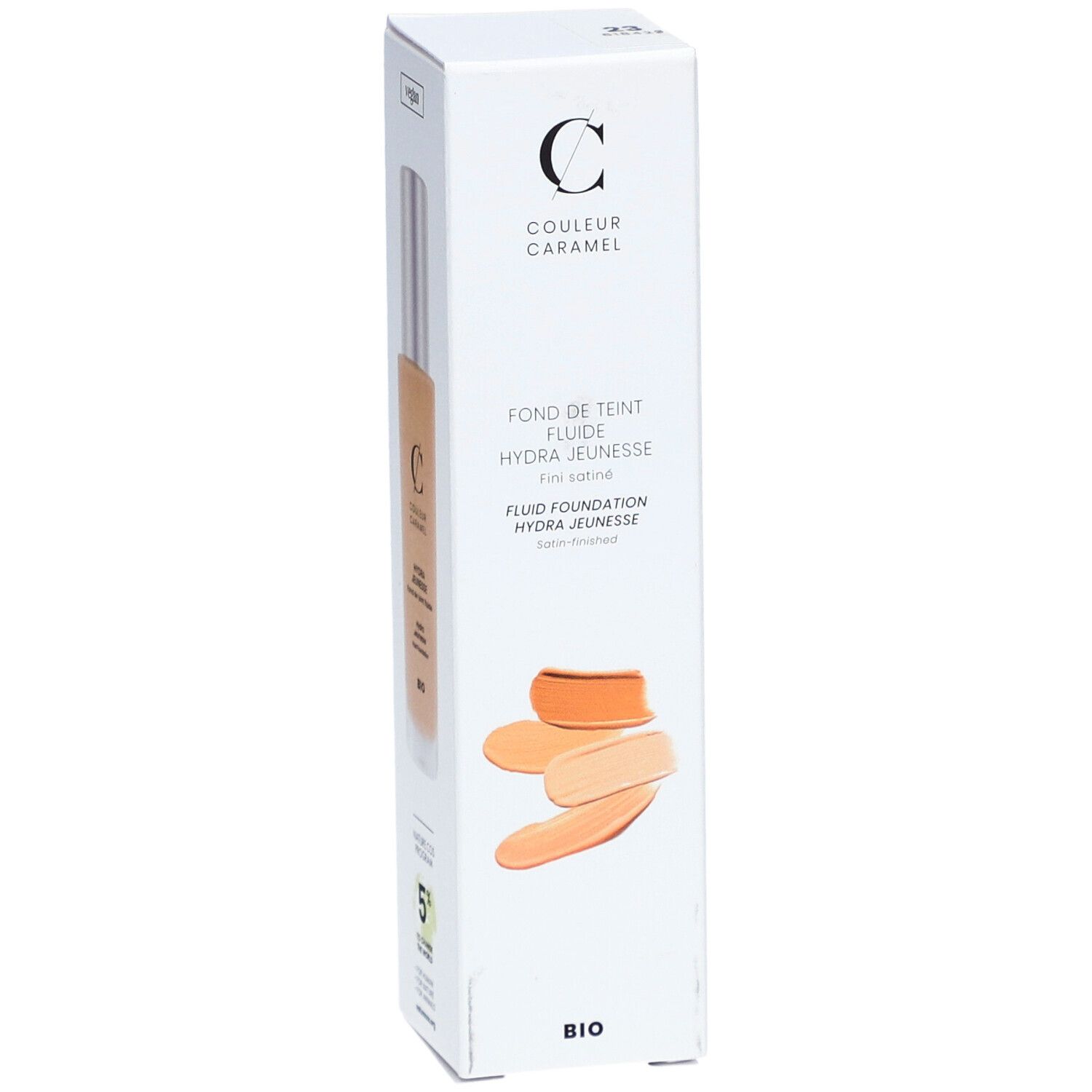 Weiße Verpackung mit Produkt und Farbmuster. "COULEUR CARAMEL" und "FOND DE TEINT FLUIDE HYDRA JEUNESSE".