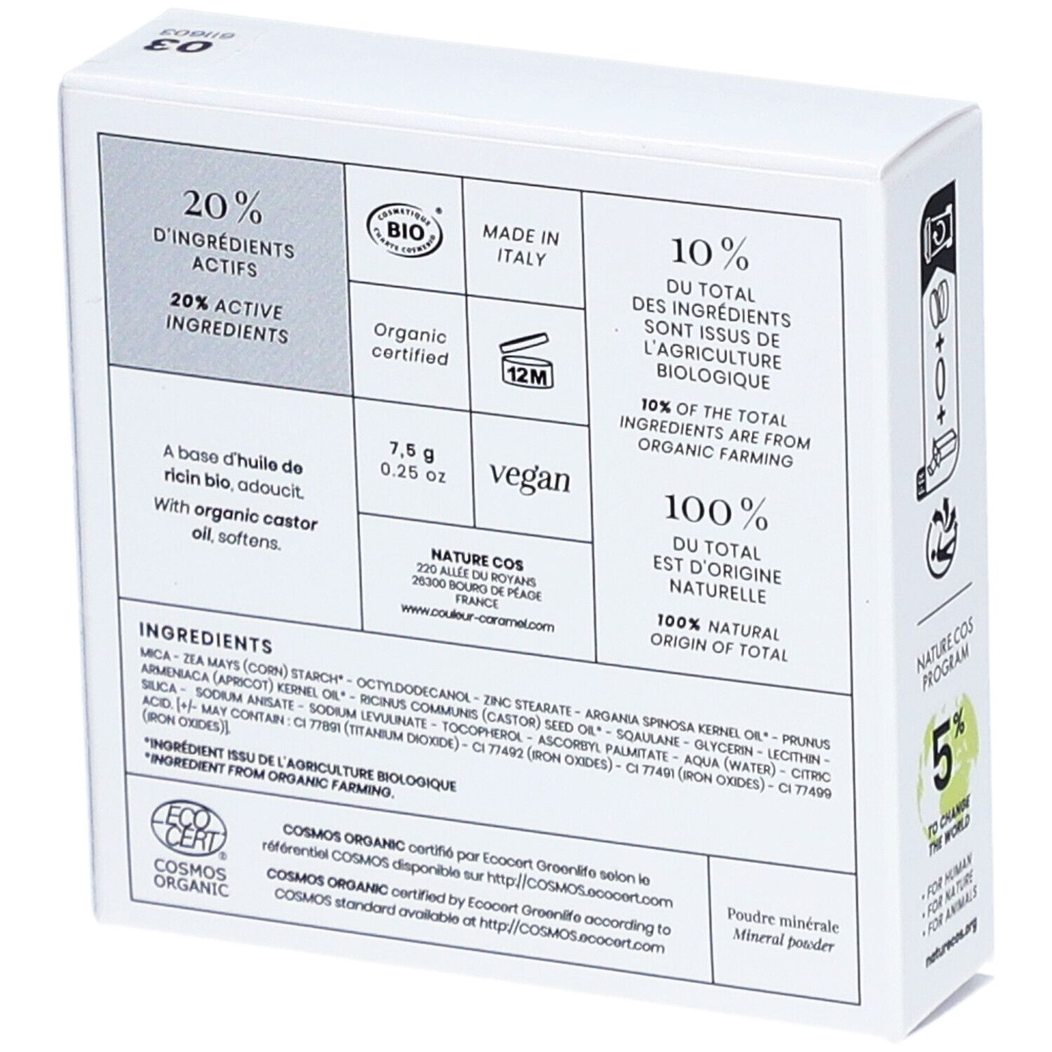 Dos de la boîte avec texte et logos. Texte: 20% INGRÉDIENTS ACTIFS, BIO, VEGAN, COSMOS ORGANIC. Ingrédients.