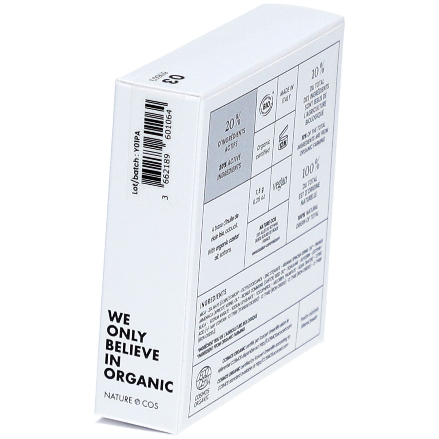 Boîte avec texte et logos. Texte: WE ONLY BELIEVE IN ORGANIC, BIO, COSMOS ORGANIC. Code-barres et numéro de lot.
