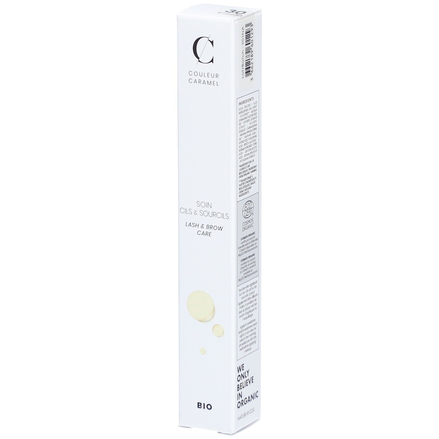 Boîte blanche avec texte. Marque COULEUR CARAMEL, texte SOIN CILS & SOURCILS, certification BIO. Design épuré.