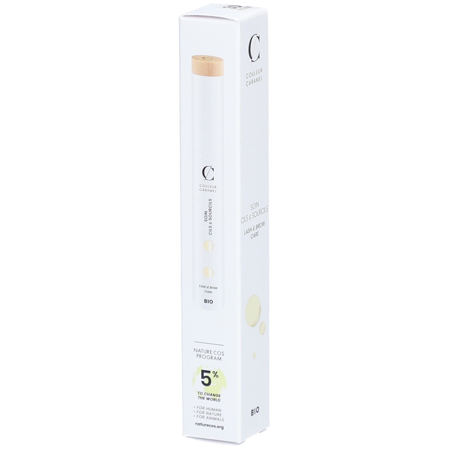 Emballage produit avec couvercle en bois. Marque COULEUR CARAMEL, texte SOIN CILS & SOURCILS, certification BIO. Design blanc.