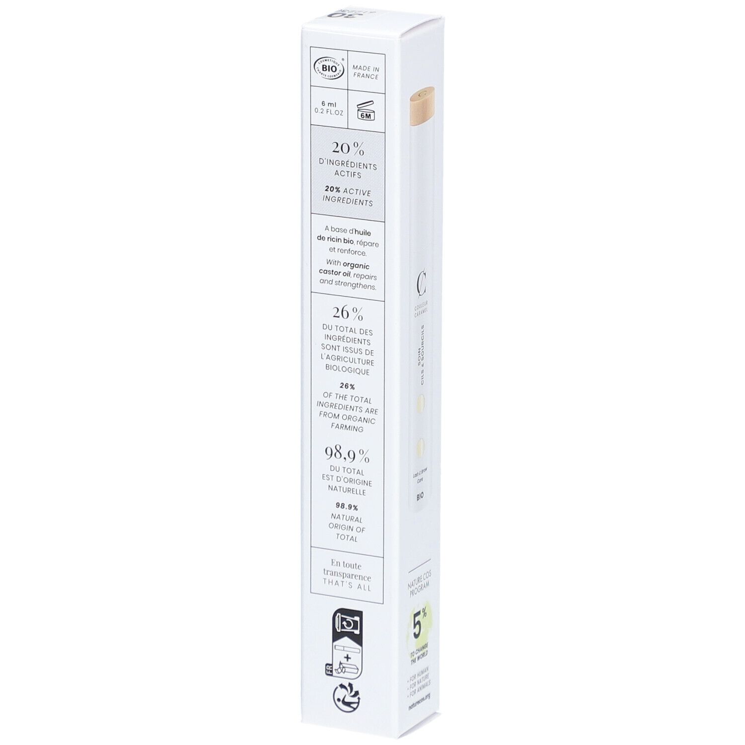Emballage produit avec texte. Marque COULEUR CARAMEL, texte SOIN CILS & SOURCILS, certification BIO. Contient des informations sur les ingrédients.