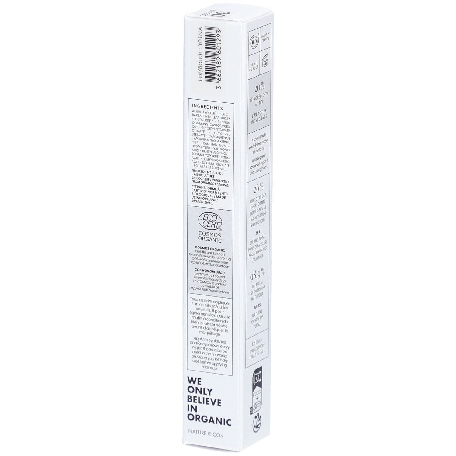 Emballage produit avec texte. Marque COULEUR CARAMEL, texte SOIN CILS & SOURCILS, certification BIO. Contient des informations sur les ingrédients.