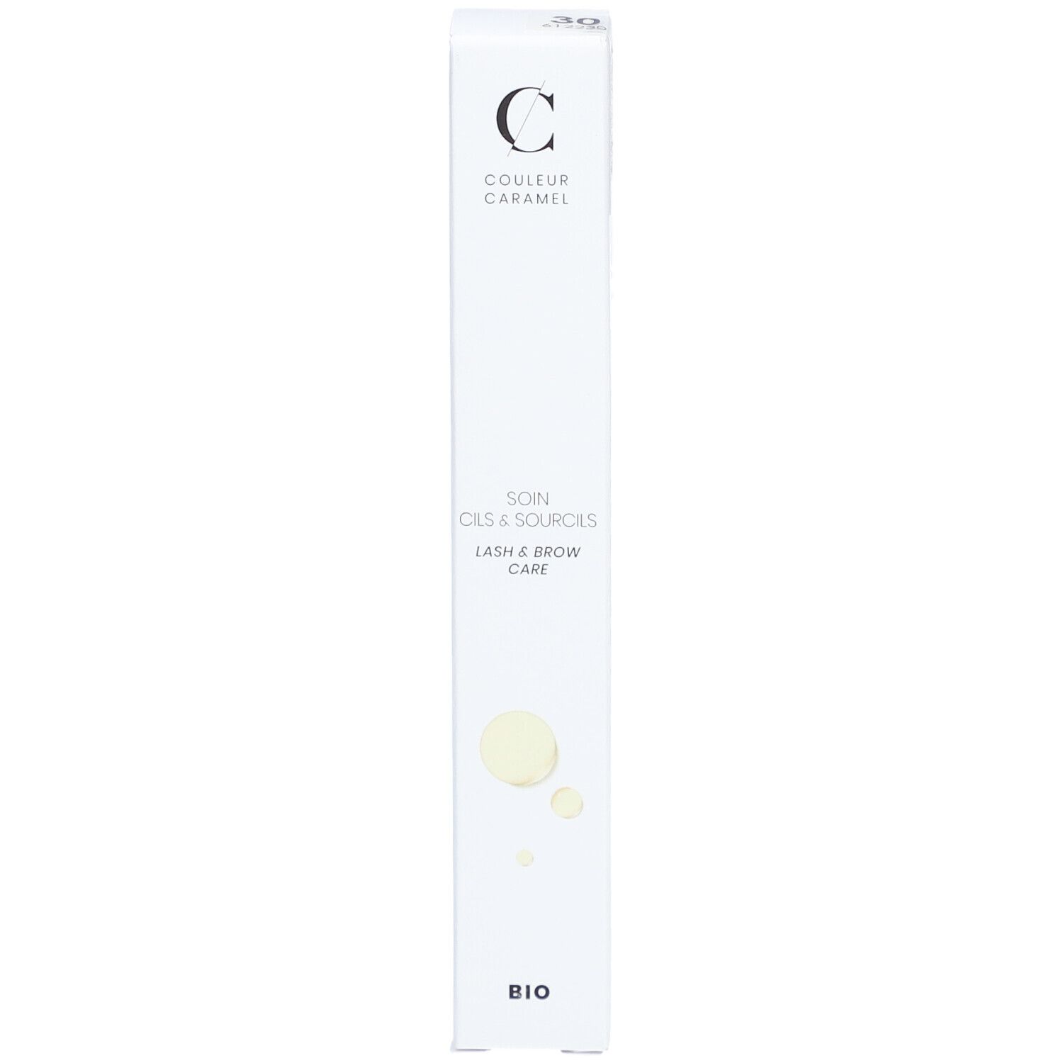 Boîte blanche avec texte. Marque COULEUR CARAMEL, texte SOIN CILS & SOURCILS, certification BIO. Design épuré.