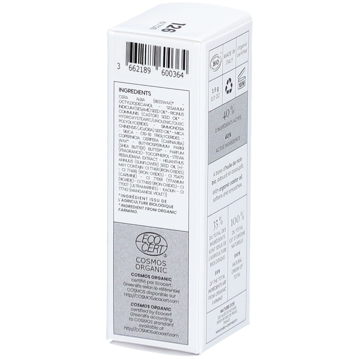 Rückseite der Verpackung mit Inhaltsstoffen und Zertifizierungen. Text: 40% d'ingrédients actifs, 35% des ingrédients issus de l'agriculture biologique.