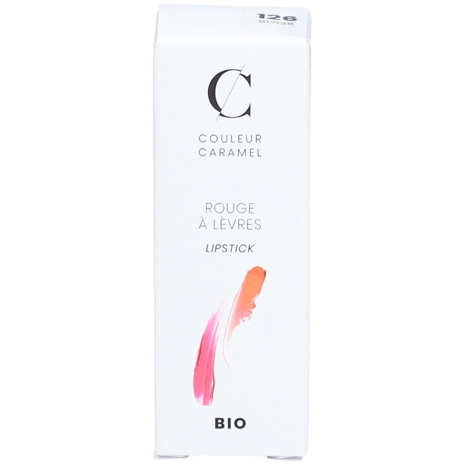 Weiße Verpackung mit Lippenstift-Abbildung. Marke COULEUR CARAMEL. Text: ROUGE À LÈVRES, LIPSTICK, BIO. COSMOS ORGANIC-Zertifizierung.