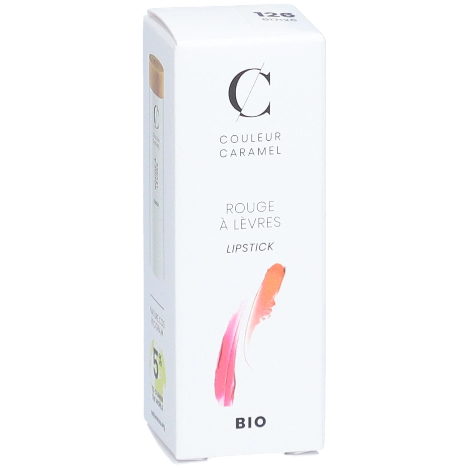 Weiße Verpackung mit Lippenstift und geöffnetem Produkt. Marke COULEUR CARAMEL. Text: ROUGE À LÈVRES, LIPSTICK, BIO. NATURE COS PROGRAM-Logo.