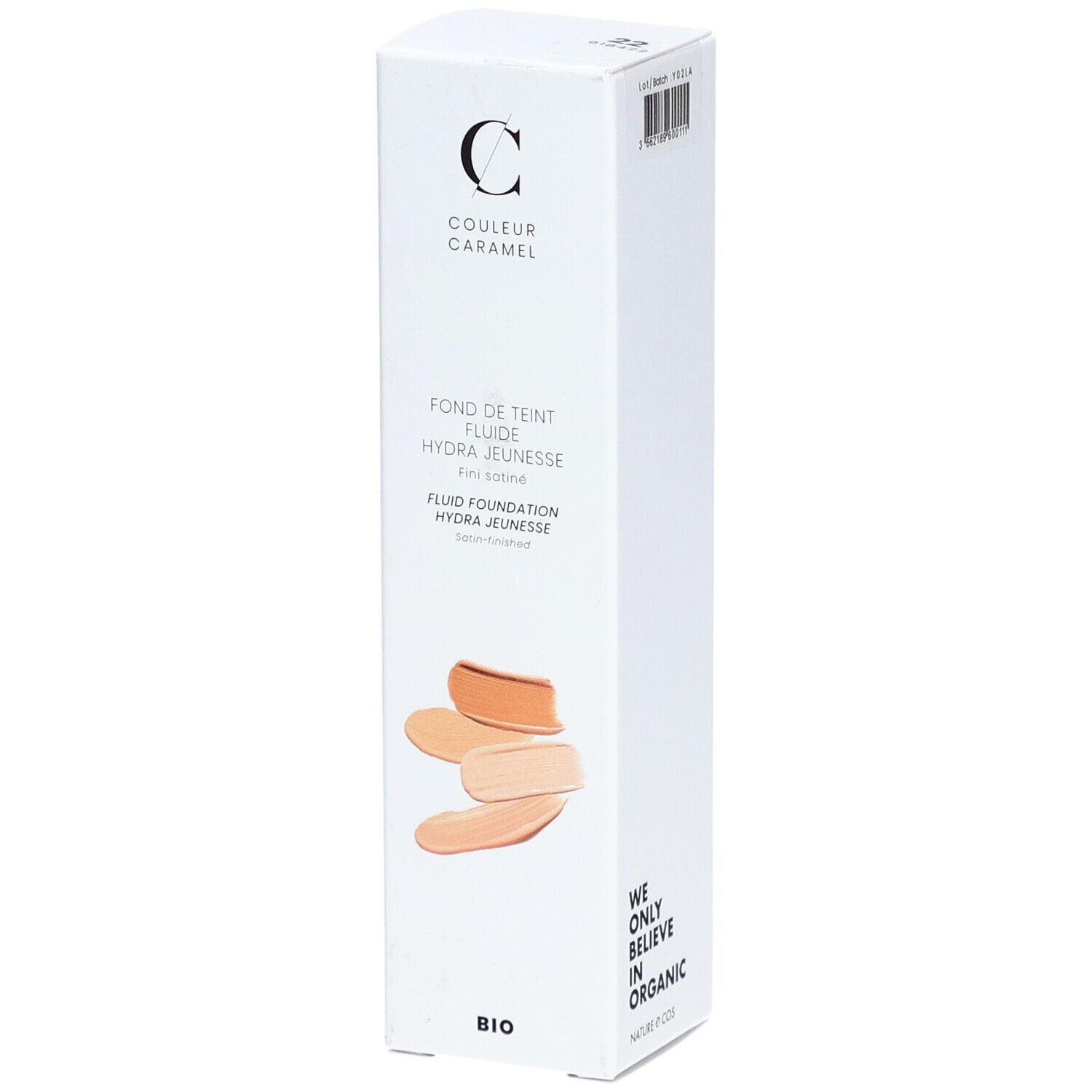 Emballage blanc avec visuel produit. Inscription: COULEUR CARAMEL, Fond de Teint Fluide Hydra Jeunesse. Échantillons de couleurs.
