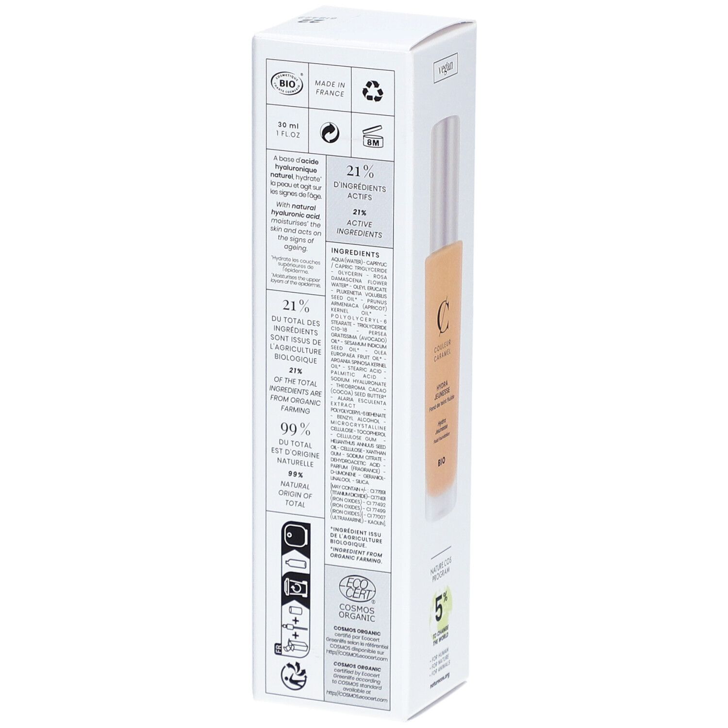 Emballage blanc avec informations produit. Inscription: COULEUR CARAMEL, Fond de Teint Fluide Hydra Jeunesse. Ingrédients, certifications.