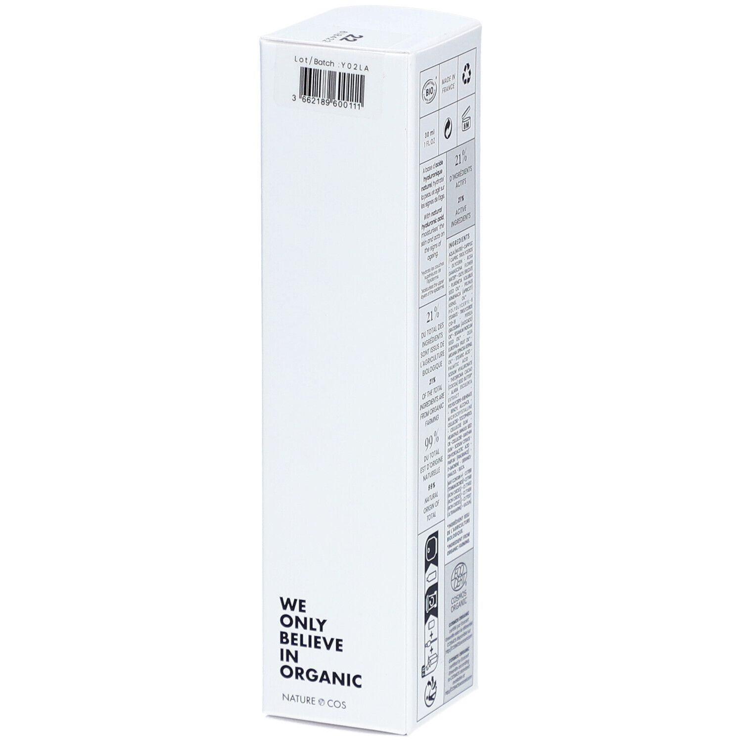 Emballage blanc avec texte: WE ONLY BELIEVE IN ORGANIC. Logos et code-barres.
