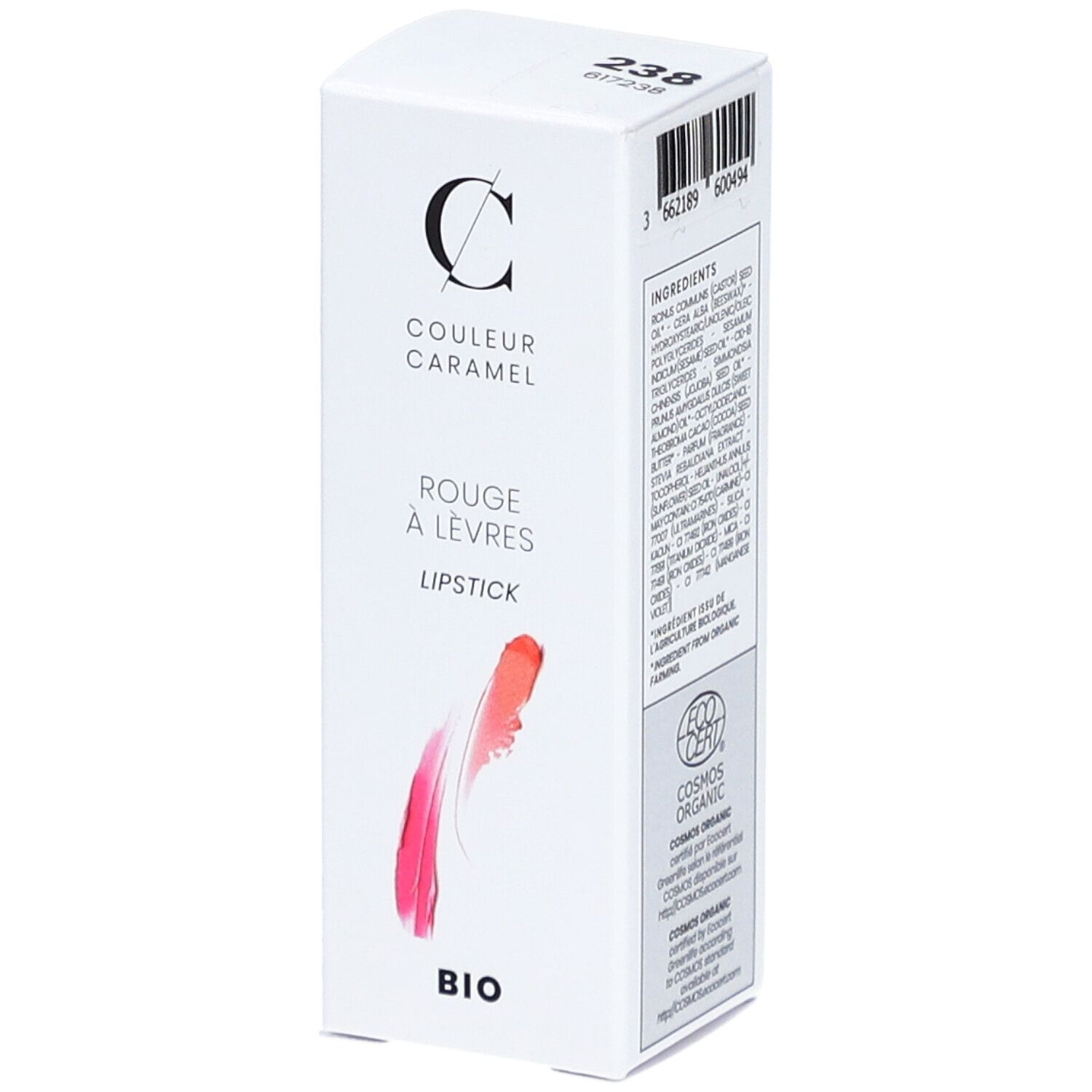 Emballage blanc COULEUR CARAMEL. Rouge à Lèvres, BIO. Échantillon de couleur rose et rouge.