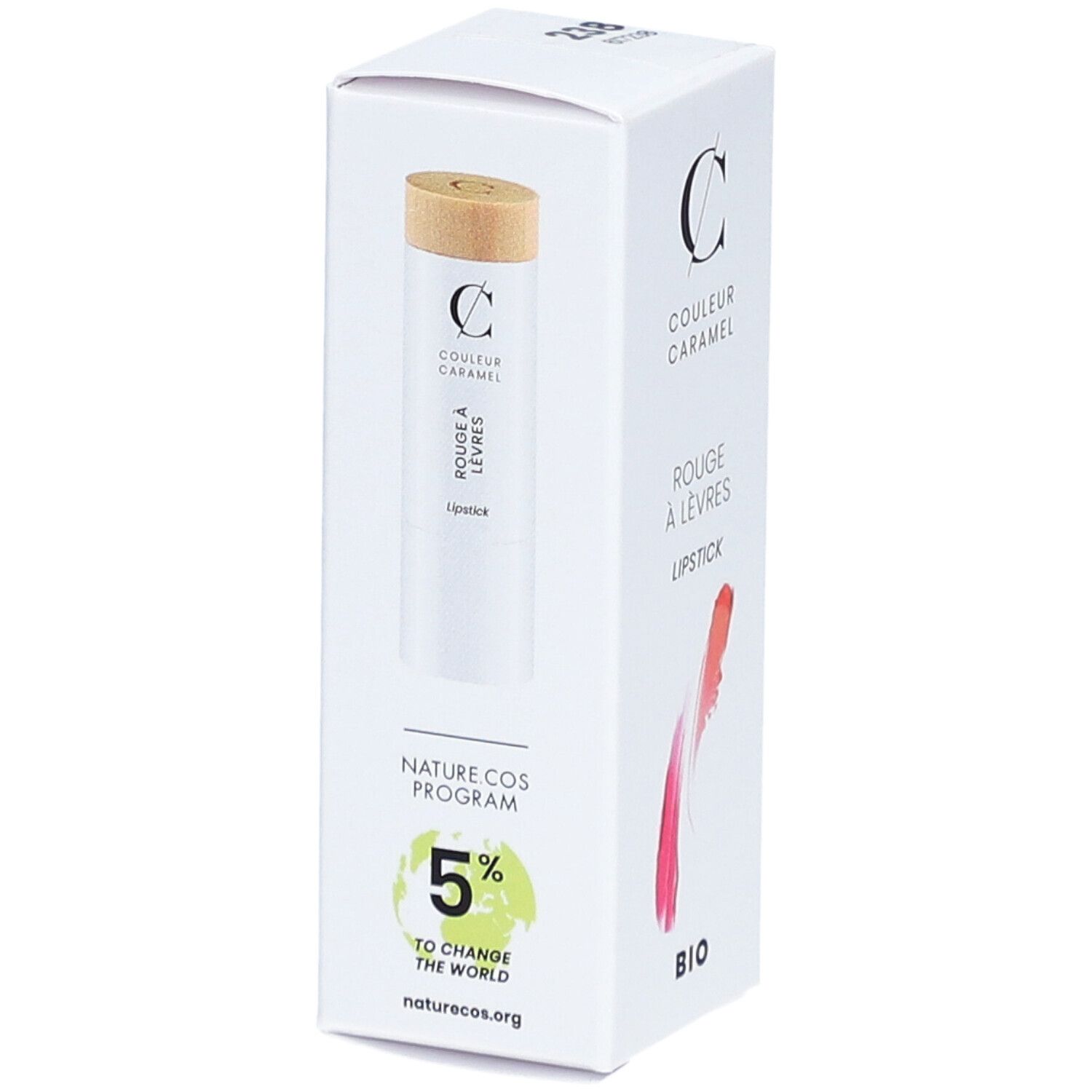 Emballage blanc COULEUR CARAMEL. Rouge à Lèvres dans l'emballage. Logo BIO, 5% pour changer le monde.