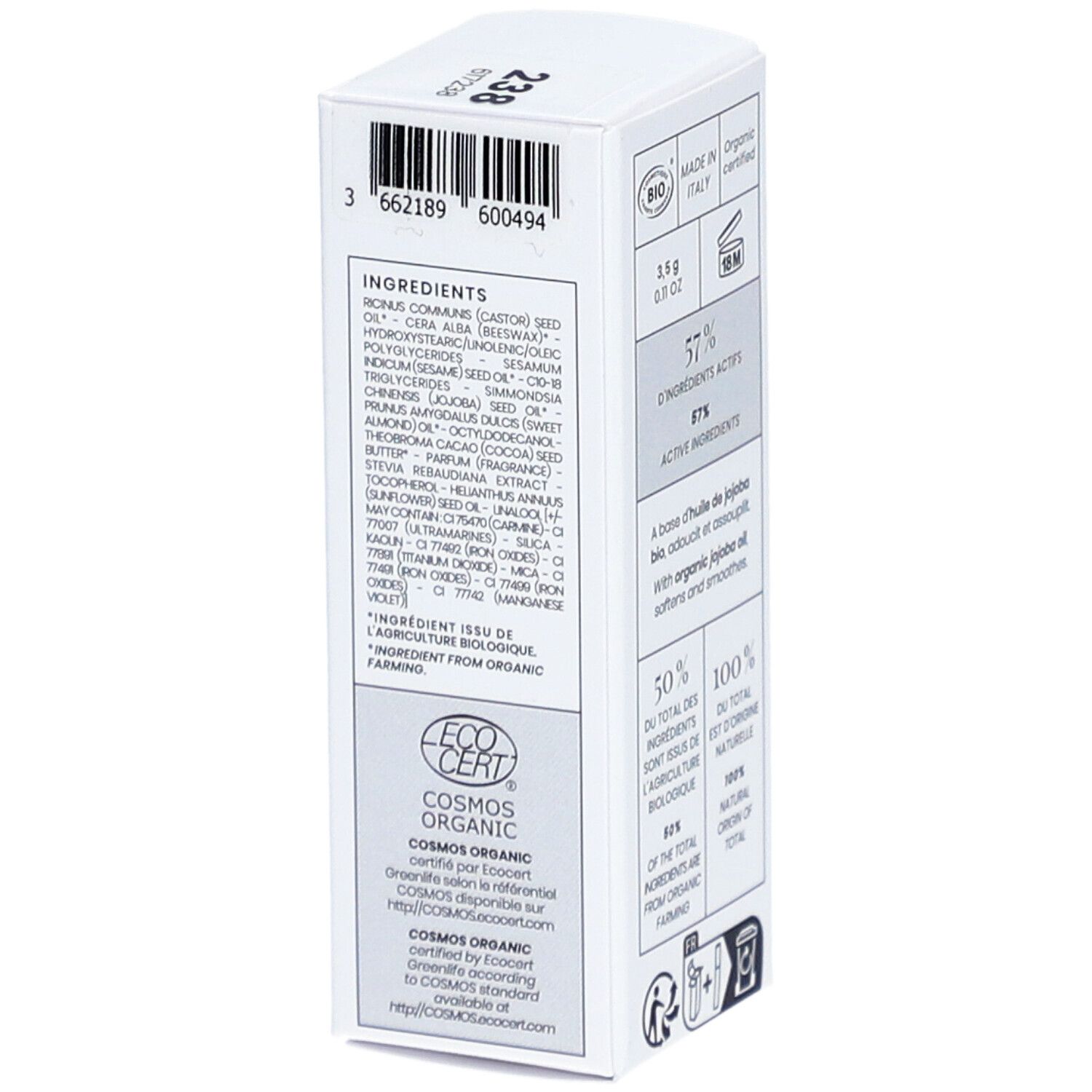 Emballage avec ingrédients et certifications. ECO CERT COSMOS ORGANIC. Fabriqué en Italie.