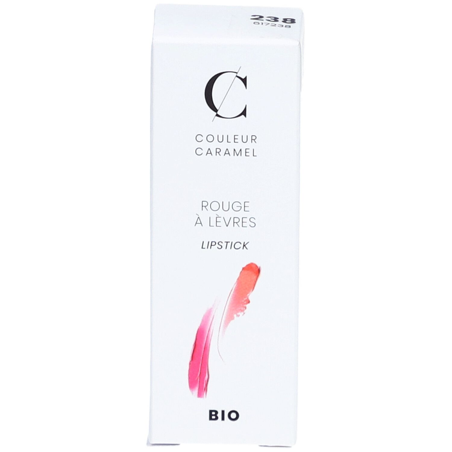 Emballage blanc COULEUR CARAMEL. Rouge à Lèvres, BIO. Échantillon de couleur rose et rouge.