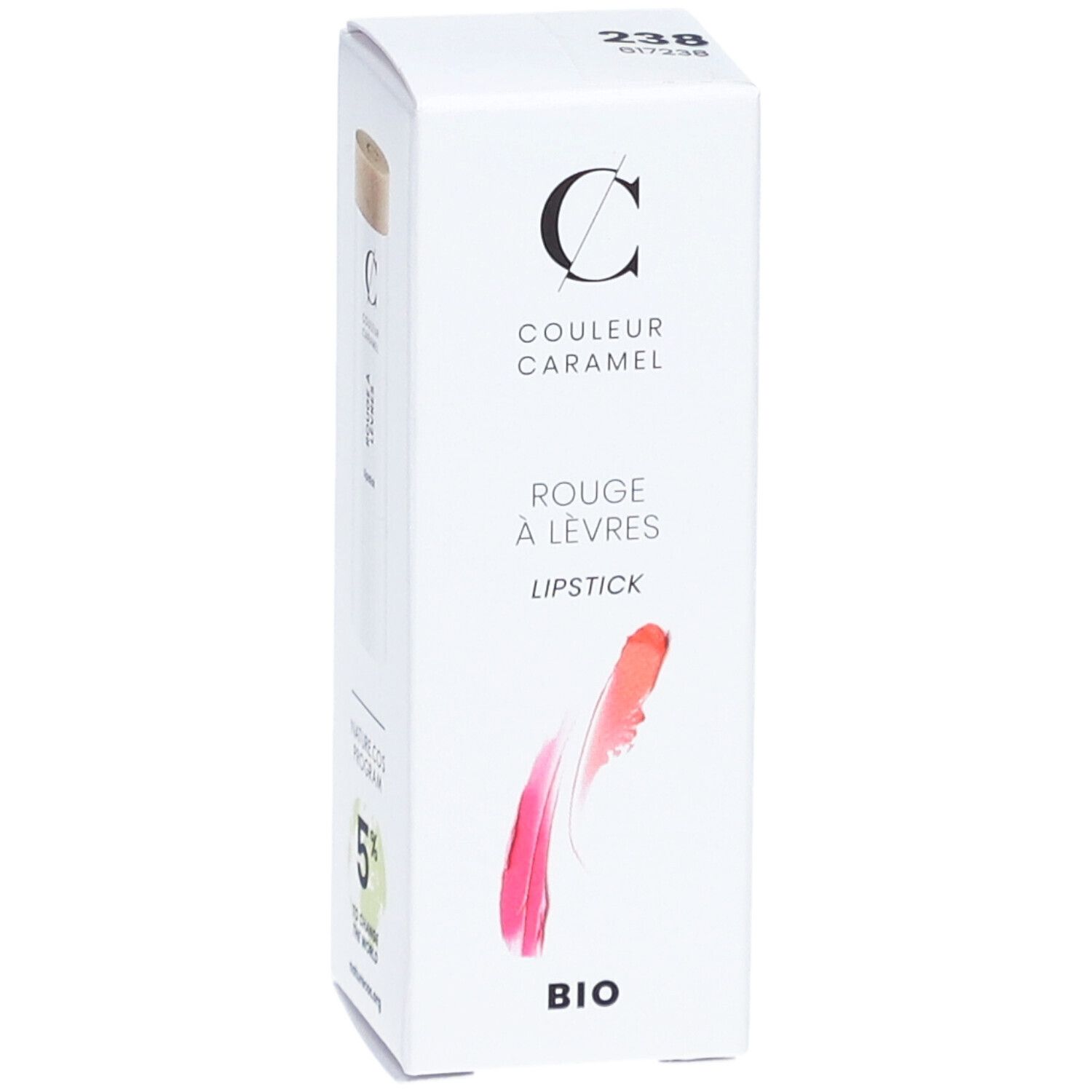 Emballage blanc COULEUR CARAMEL. Rouge à Lèvres dans l'emballage. Logo BIO, 5% pour changer le monde.
