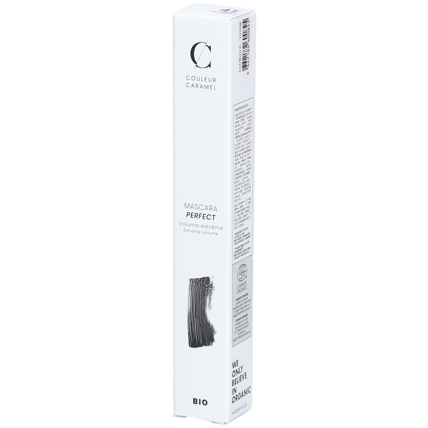 Weiße Verpackung mit Produktabbildung und Schriftzug. Marke: COULEUR CARAMEL. Produkt: Mascara Perfect. Bio-Zertifizierung.