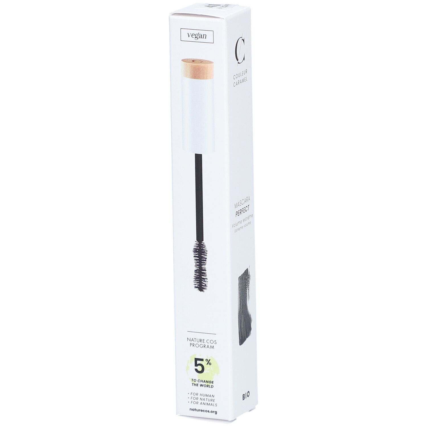 Weiße Verpackung mit Mascara und Bürste. Vegan-Logo. Marke: COULEUR CARAMEL. Produkt: Mascara Perfect. Bio-Zertifizierung.