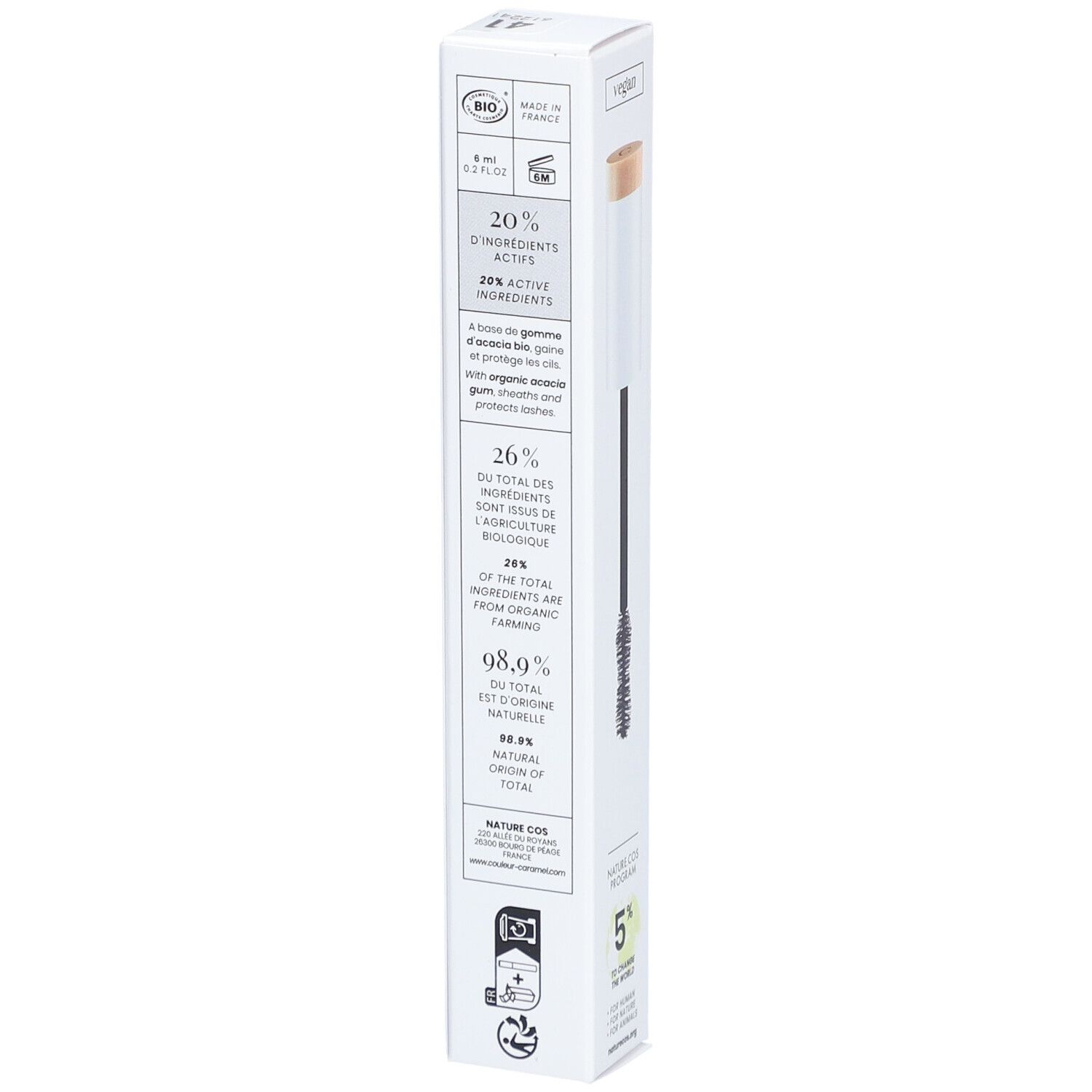 Rückseite der Verpackung mit Text. Bio-Zertifizierung. 20% aktive Inhaltsstoffe. 26% aus Bio-Anbau. 98,9% natürliche Inhaltsstoffe.