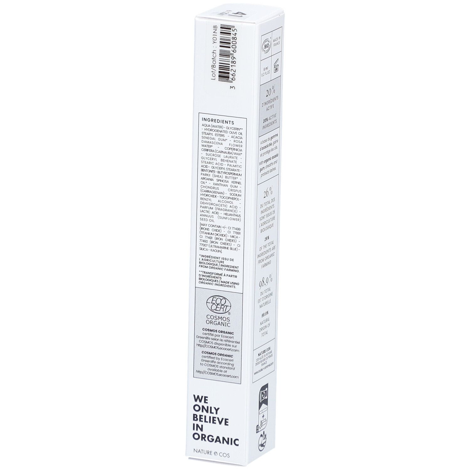 Verpackung mit Text. Inhaltsstoffe. COSMOS ORGANIC Zertifizierung. Marke: COULEUR CARAMEL. Bio-Zertifizierung.