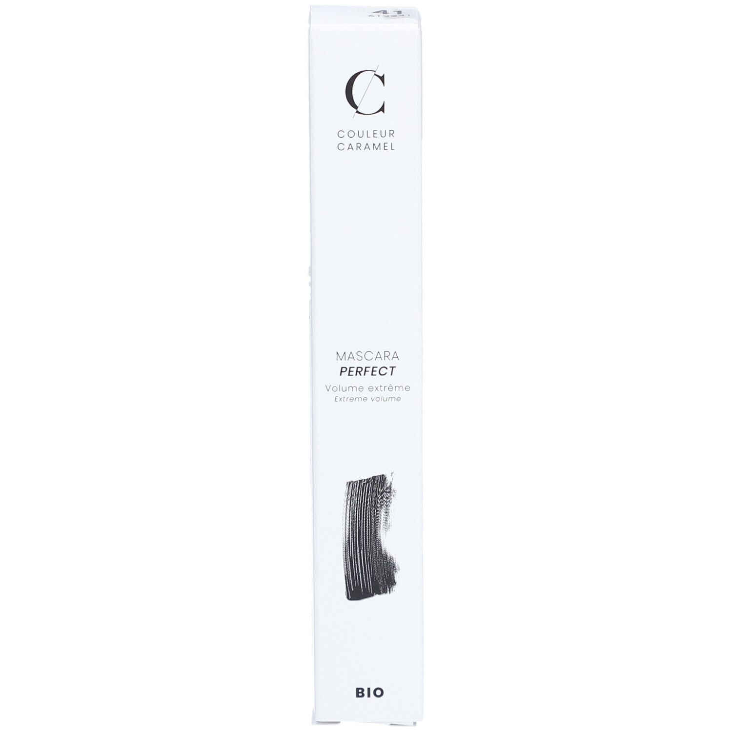 Weiße Verpackung mit Produktabbildung und Schriftzug. Marke: COULEUR CARAMEL. Produkt: Mascara Perfect. Bio-Zertifizierung.