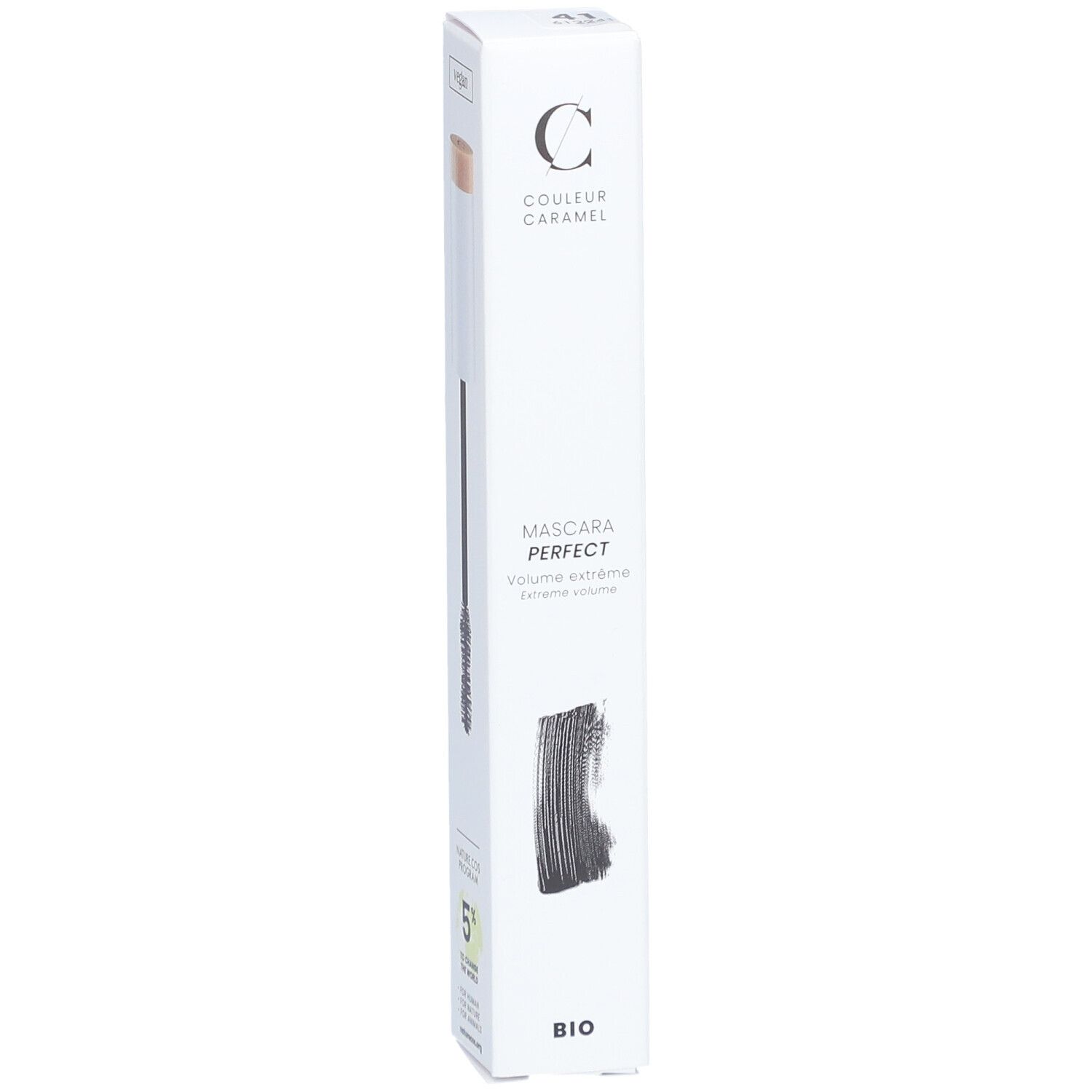 Weiße Verpackung mit Mascara und Bürste. Marke: COULEUR CARAMEL. Produkt: Mascara Perfect. Bio-Zertifizierung. 5% für die Welt.