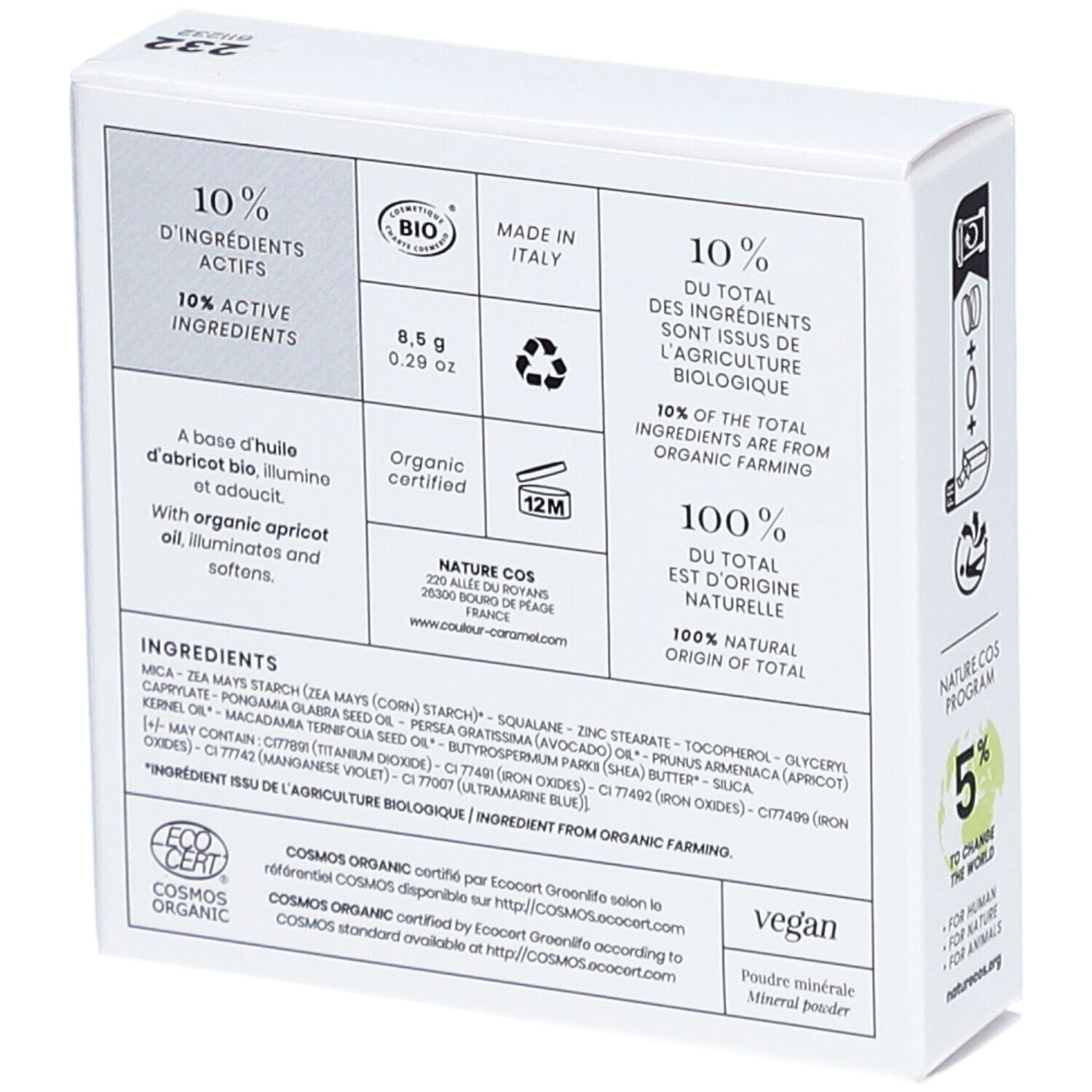 Rückseite der weißen Verpackung. Text: 10% aktive Inhaltsstoffe, 8,5 g, Organic certified, vegan. Inhaltsstoffe, COSMOS ORGANIC-Zertifizierung.