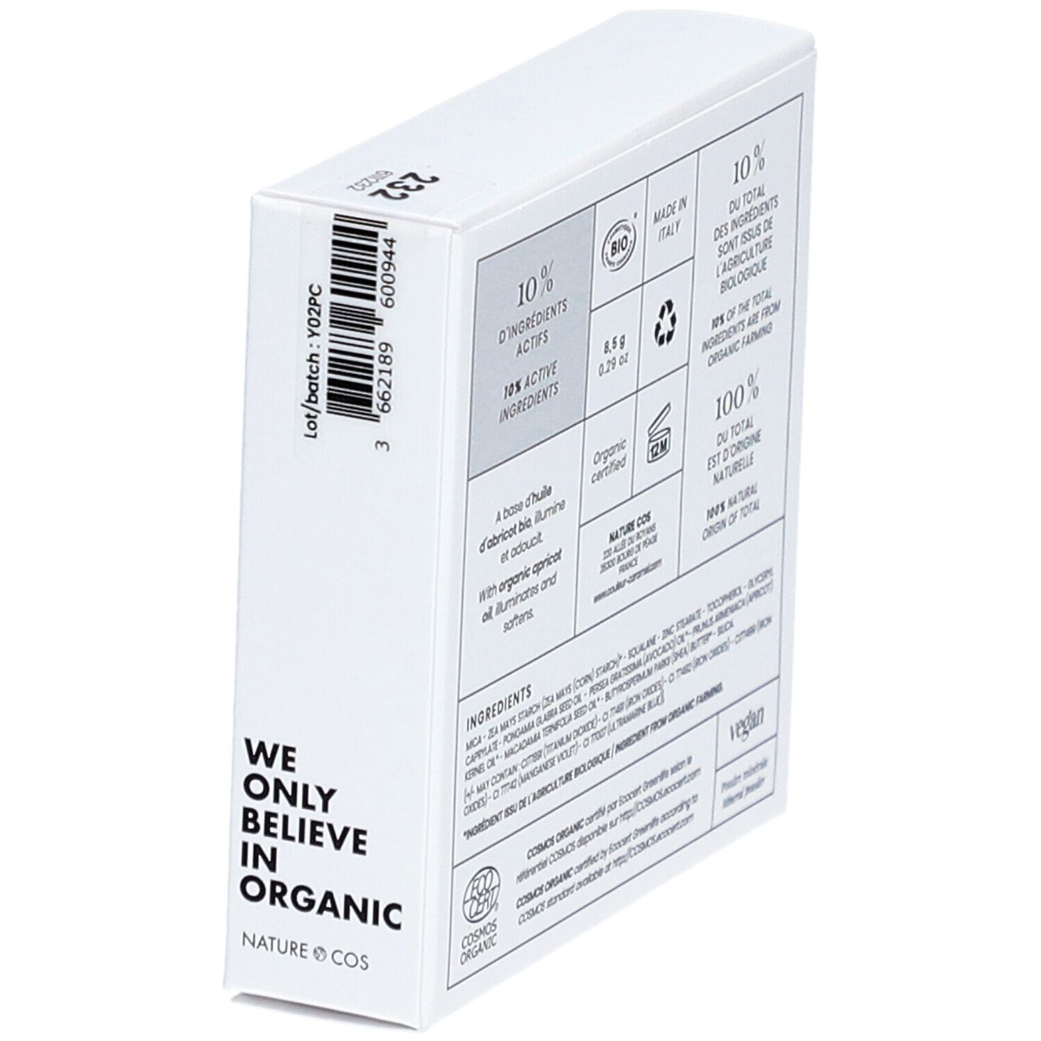 Rückseite der weißen Verpackung. Text: 10% aktive Inhaltsstoffe, 8,5 g, Organic certified, vegan. Inhaltsstoffe, COSMOS ORGANIC-Zertifizierung.