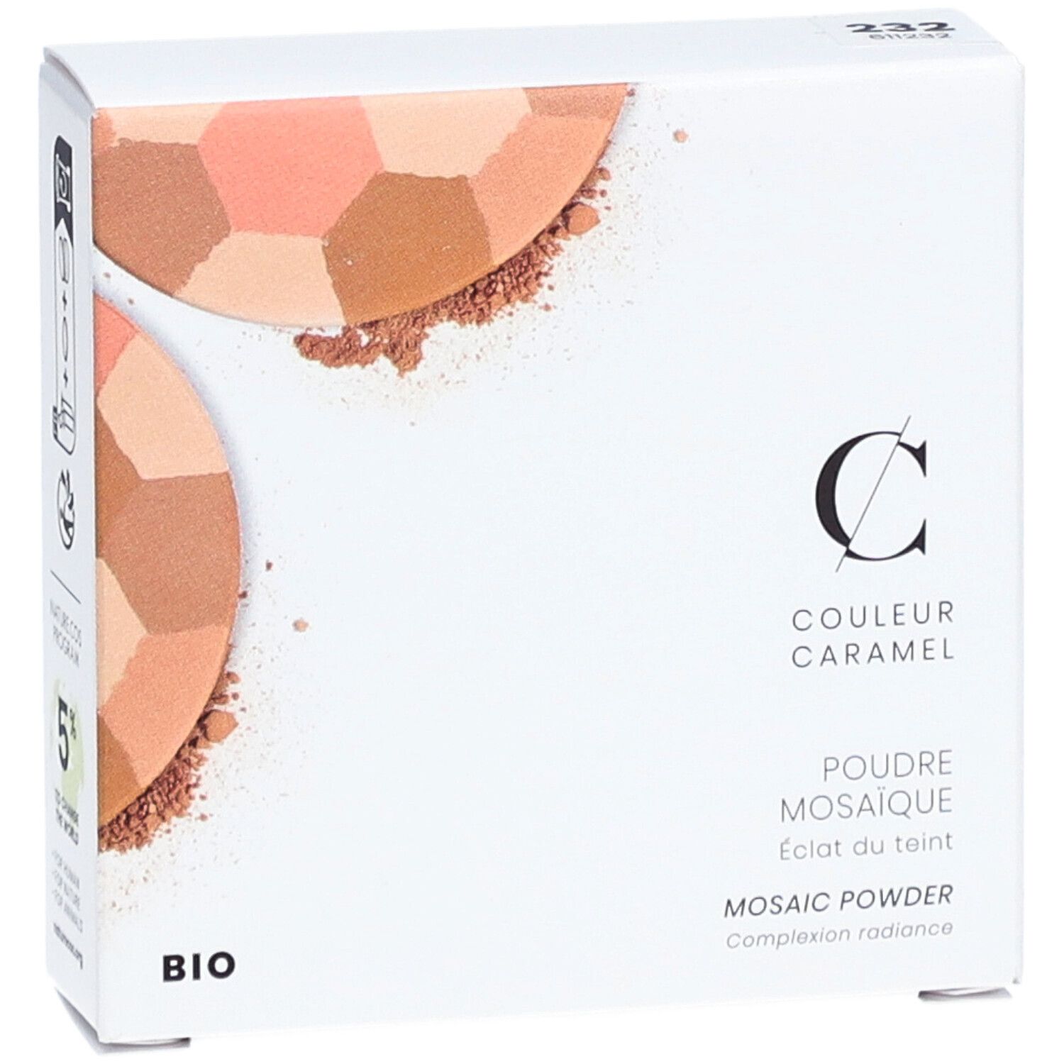 Weiße Verpackung mit Mosaikpuder. Marke COULEUR CARAMEL, BIO-Logo. Nummer 232. Text: Poudre Mosaïque, Eclat du teint, Mosaic Powder.