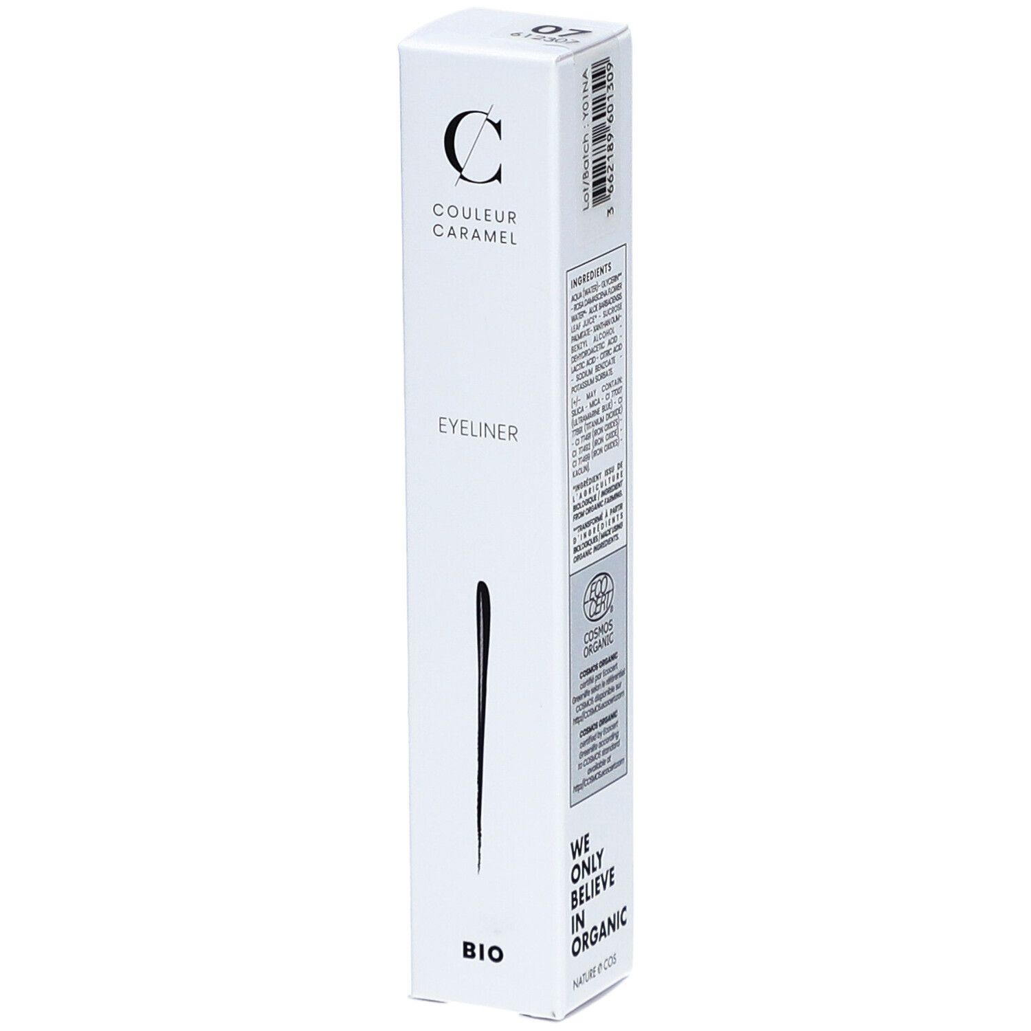 Weiße Verpackung mit schwarzem Eyeliner-Strich. Marke: COULEUR CARAMEL. Text: Eyeliner, BIO. Mit Bio-Zertifizierung.